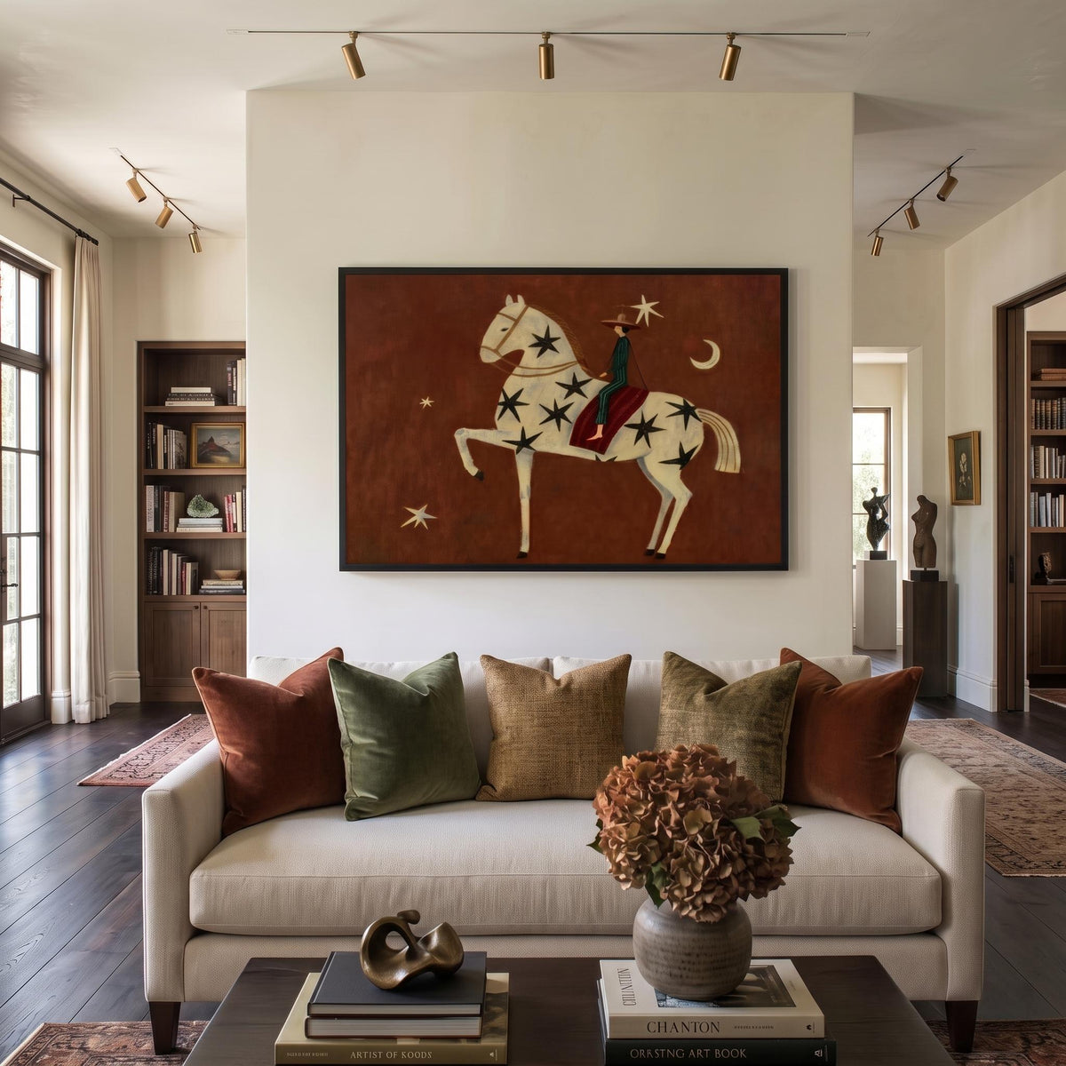 Stars Above Red Reins – Rust Horse and Rider Painting | Whimsical Western Horizontal Wall Art