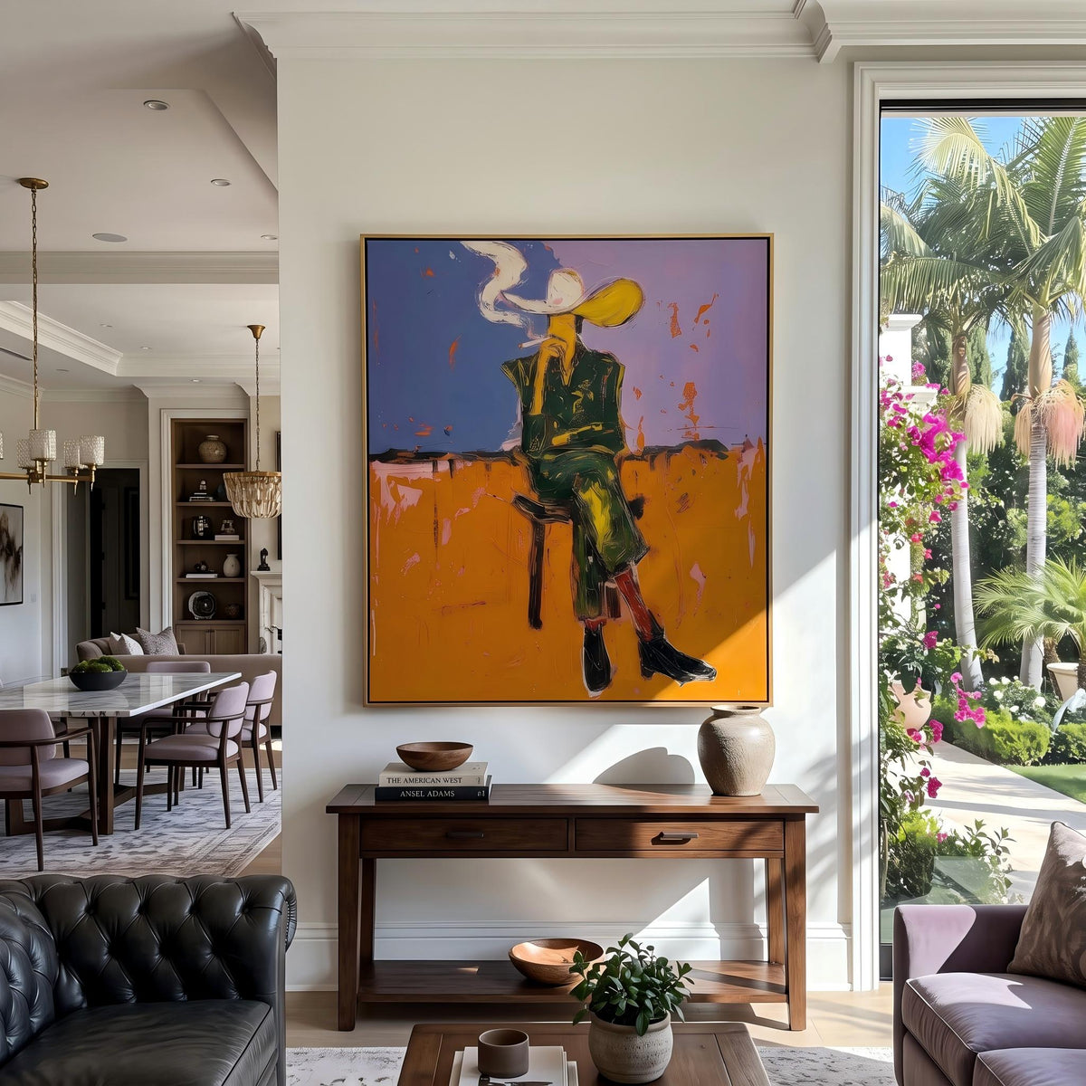 Smoke Rises Past Spurs – Pop Art Smoking Cowboy Painting | Bold Orange Vertical Wall Art
