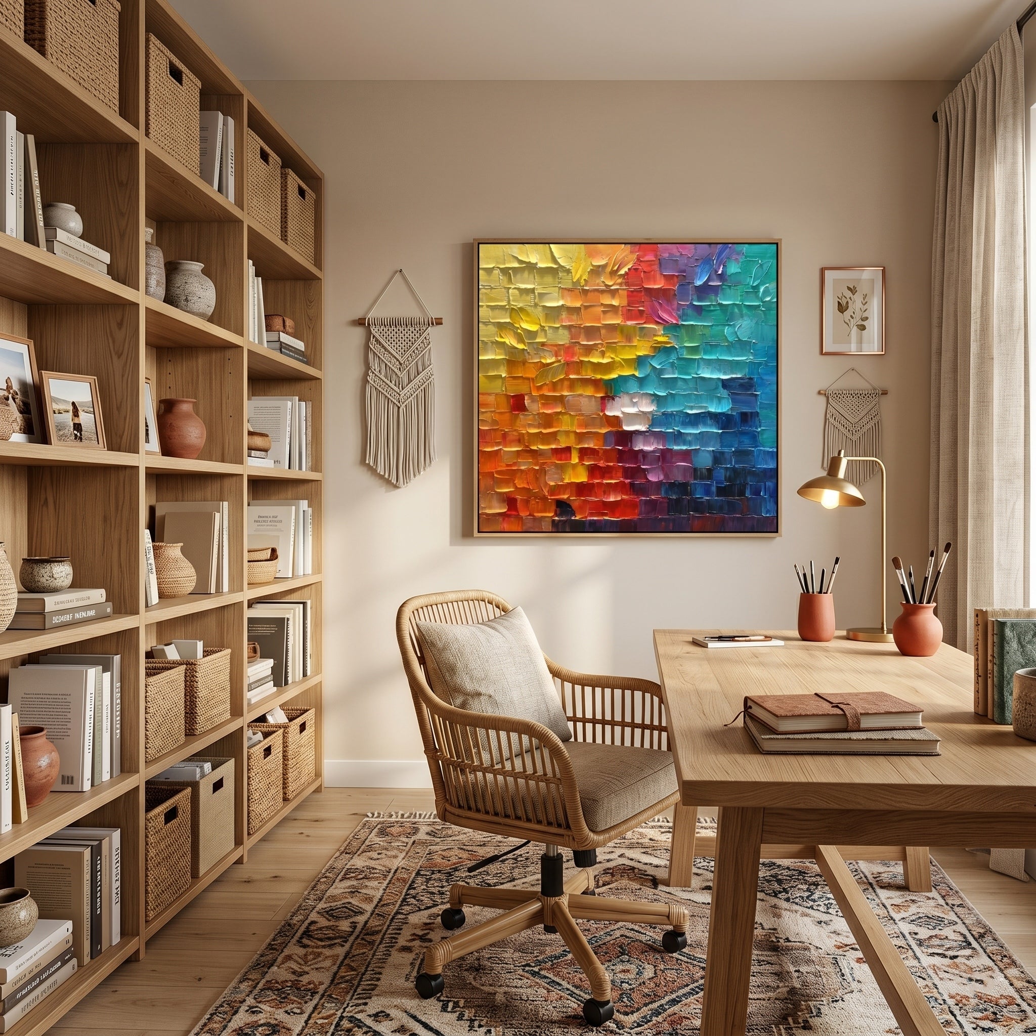 Chroma Grid – Modern Impasto Pixelated Abstract Oil Painting | Creative 3D Textured Mosaic Hallway Art