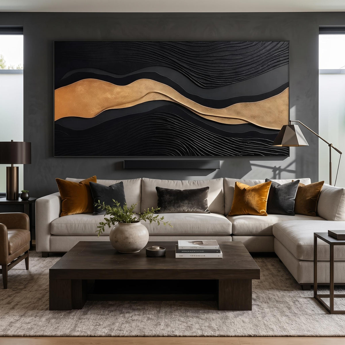 Black River of Gold – Black Gold Layered Abstract Painting | Textured Horizontal Wall Art