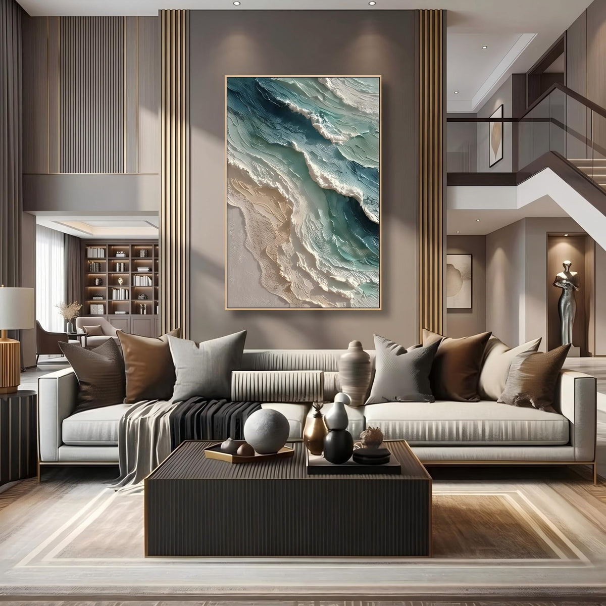 Ocean Crest Meets Sky – Blue Green Coastal Wave Painting | Textured Vertical Wall Art