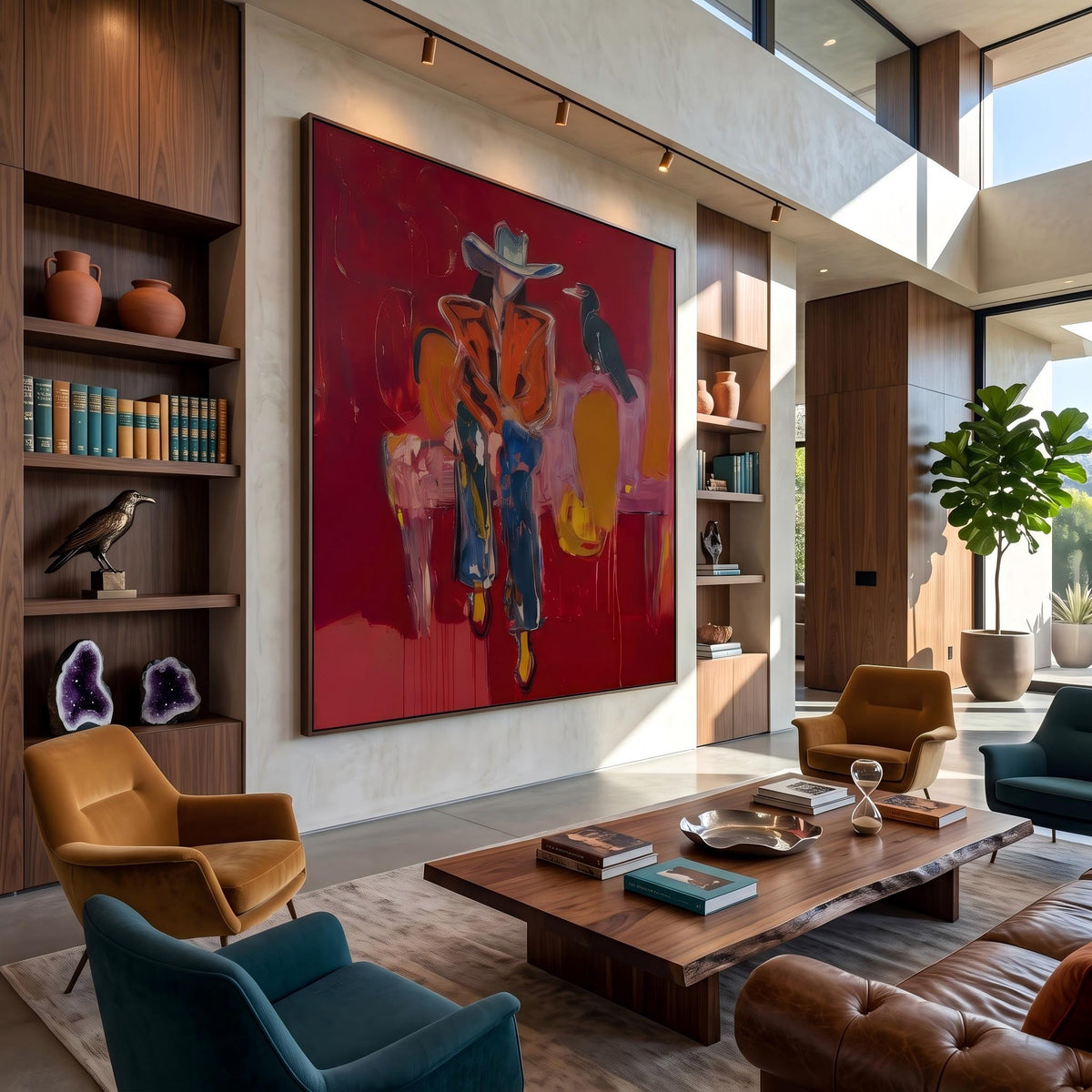 Crow Watches Scarlet Riders – Pop Art Western Figures Painting | Bold Red Vertical Wall Art