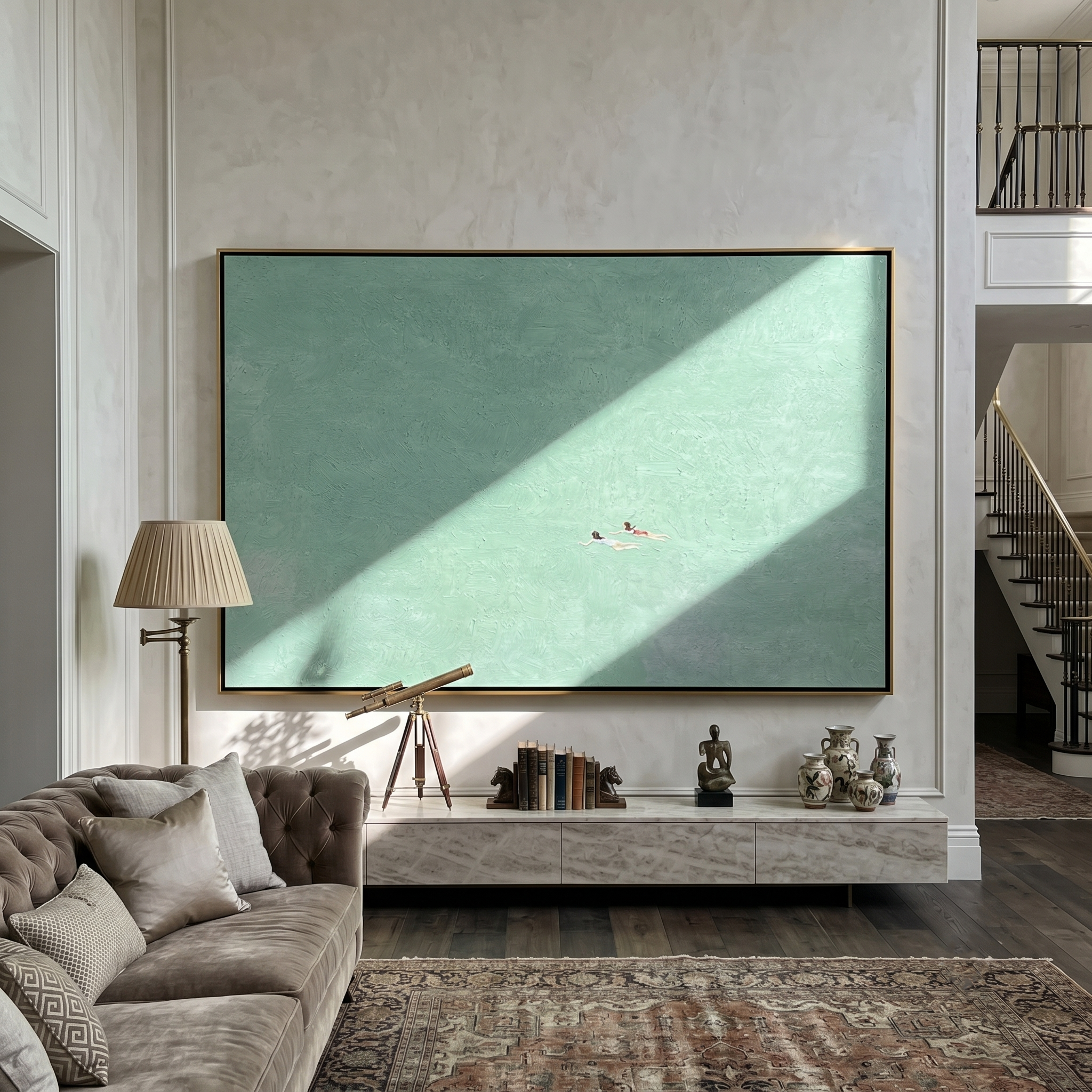 Mint Summer – Modern Minimalist Swimmers in Mint Green Canvas Art | Panoramic Landscape Living Room Art