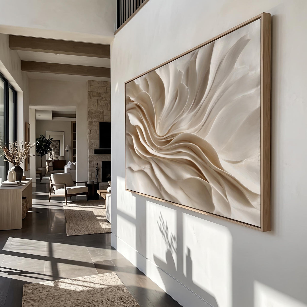 Ivory Folds in Bloom – Cream Sculptural Abstract Painting | Textured Horizontal Wall Art