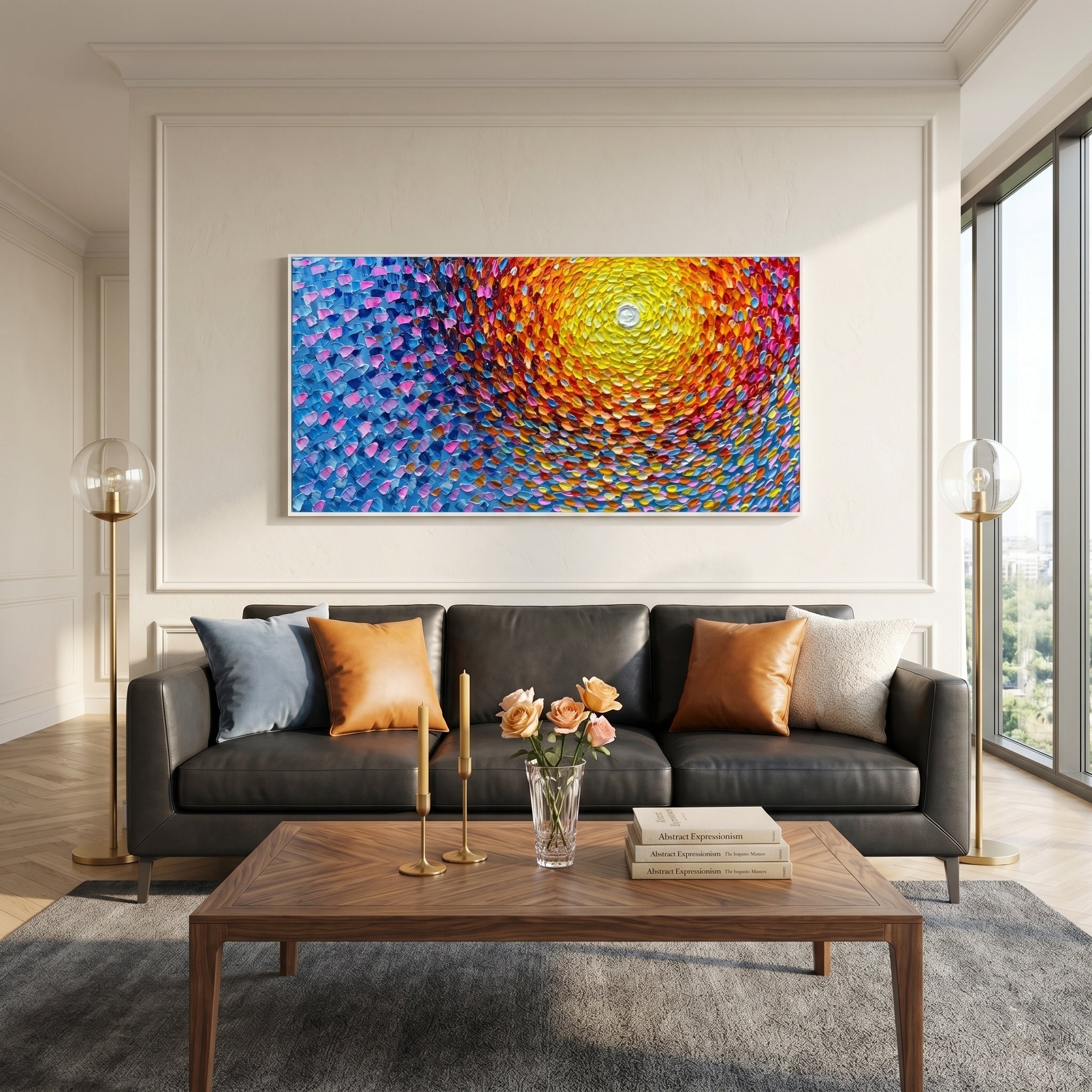 Light of Dawn – Abstract Pointillism Impasto Sunrise | Modern Warm-Cool Contrast Living Room Art