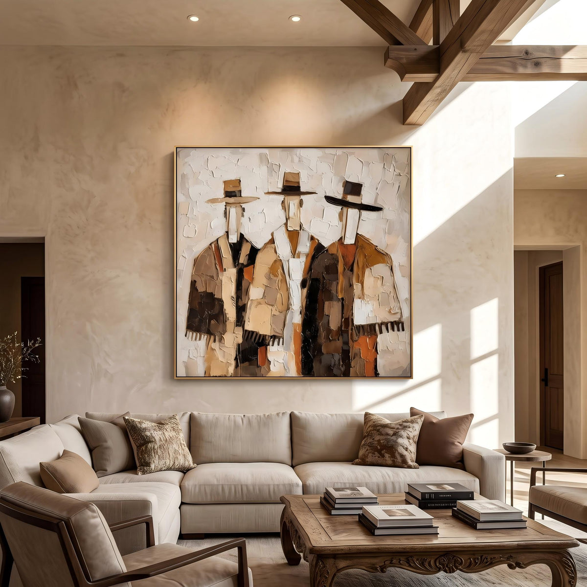 Three Hats at Noon – Textured Three Cowboy Painting | Vintage Americana Square Wall Art