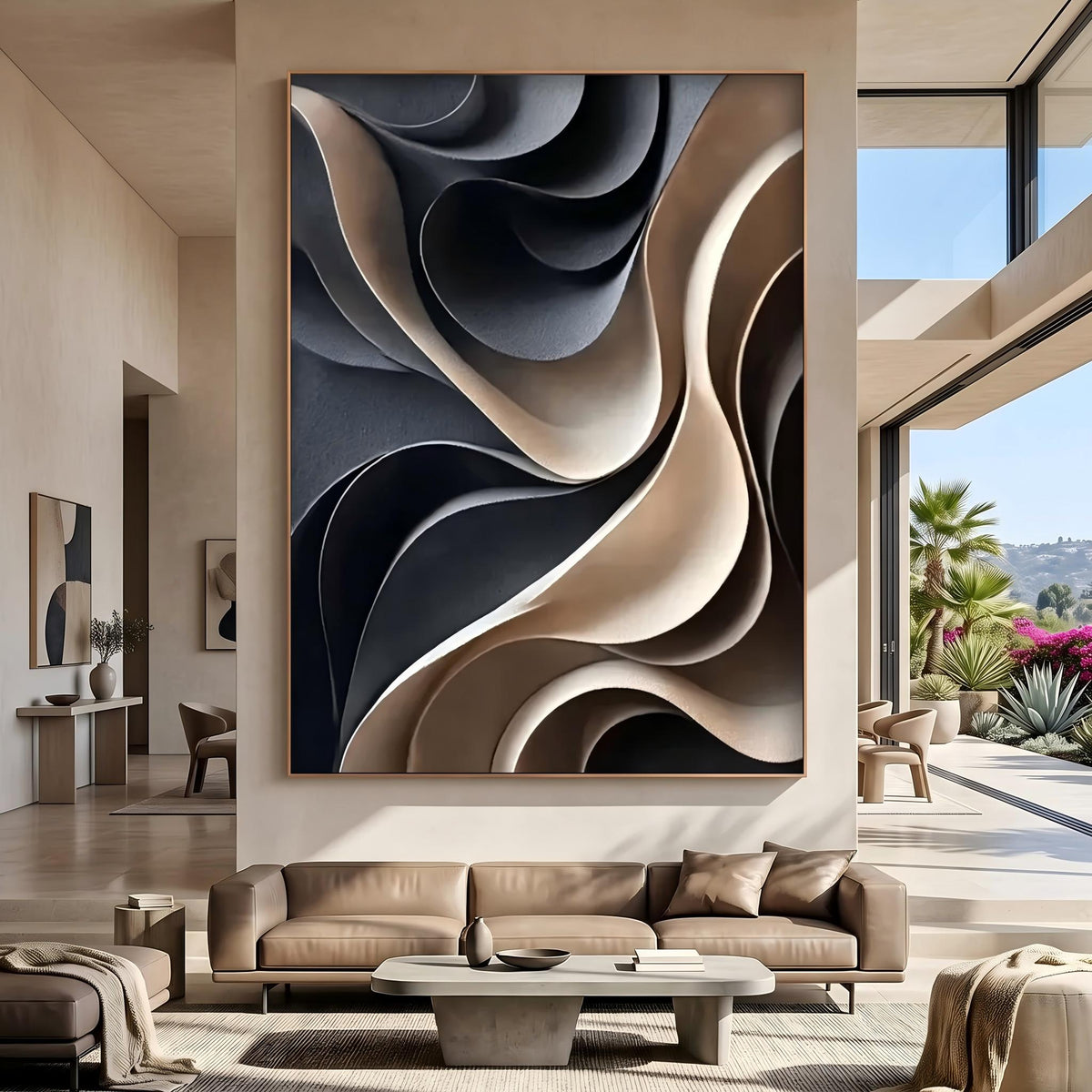 Midnight Curves in Motion – Black Cream Sculptural Abstract Painting | Modern Vertical Wall Art