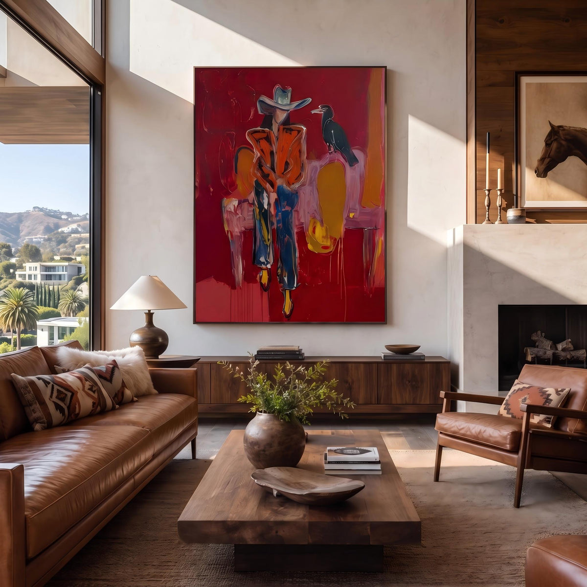 Crow Watches Scarlet Riders – Pop Art Western Figures Painting | Bold Red Vertical Wall Art