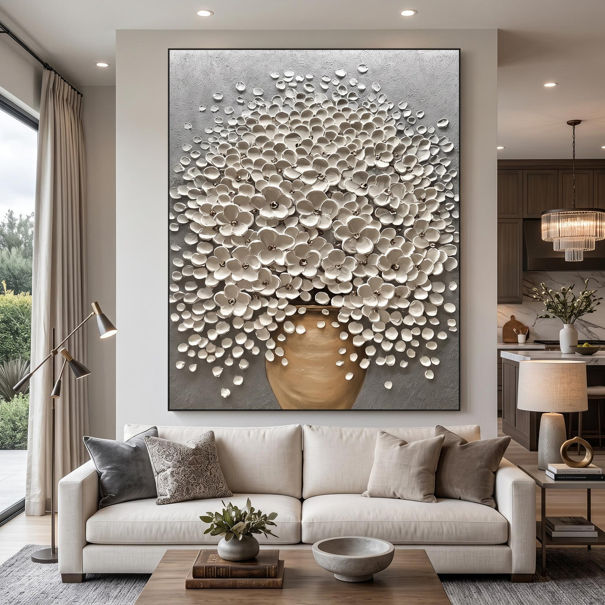 Pearl Canopy Rising – White Blossom Tree Painting | Textured Vertical Wall Art