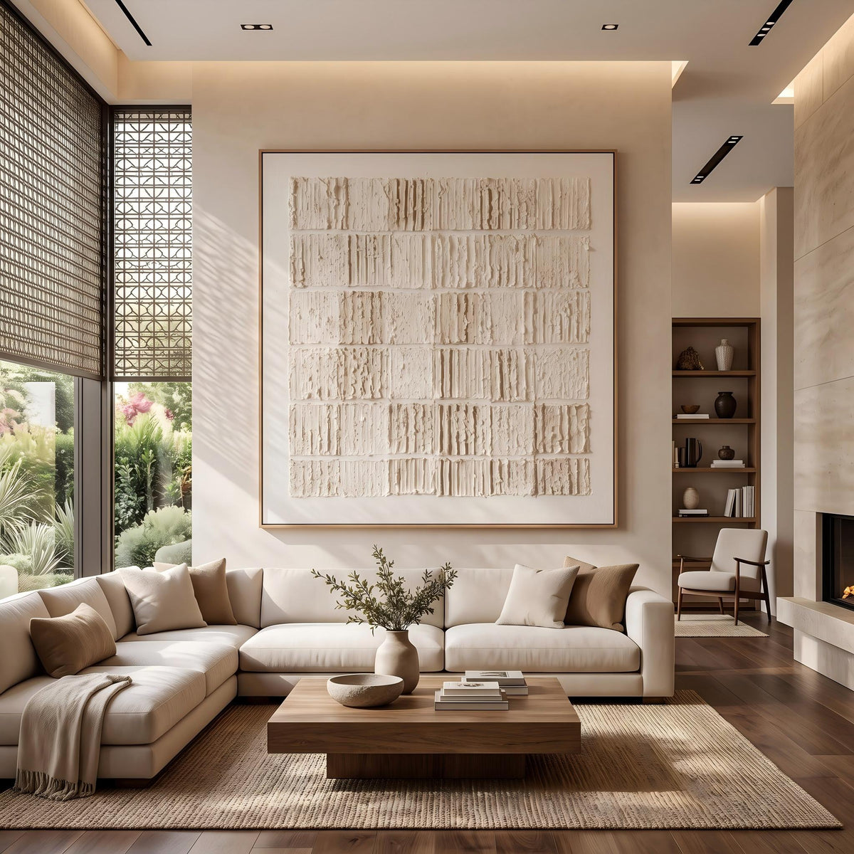 Quiet Blocks Hold Light – Cream Geometric Relief Painting | Wabi-Sabi Square Wall Art