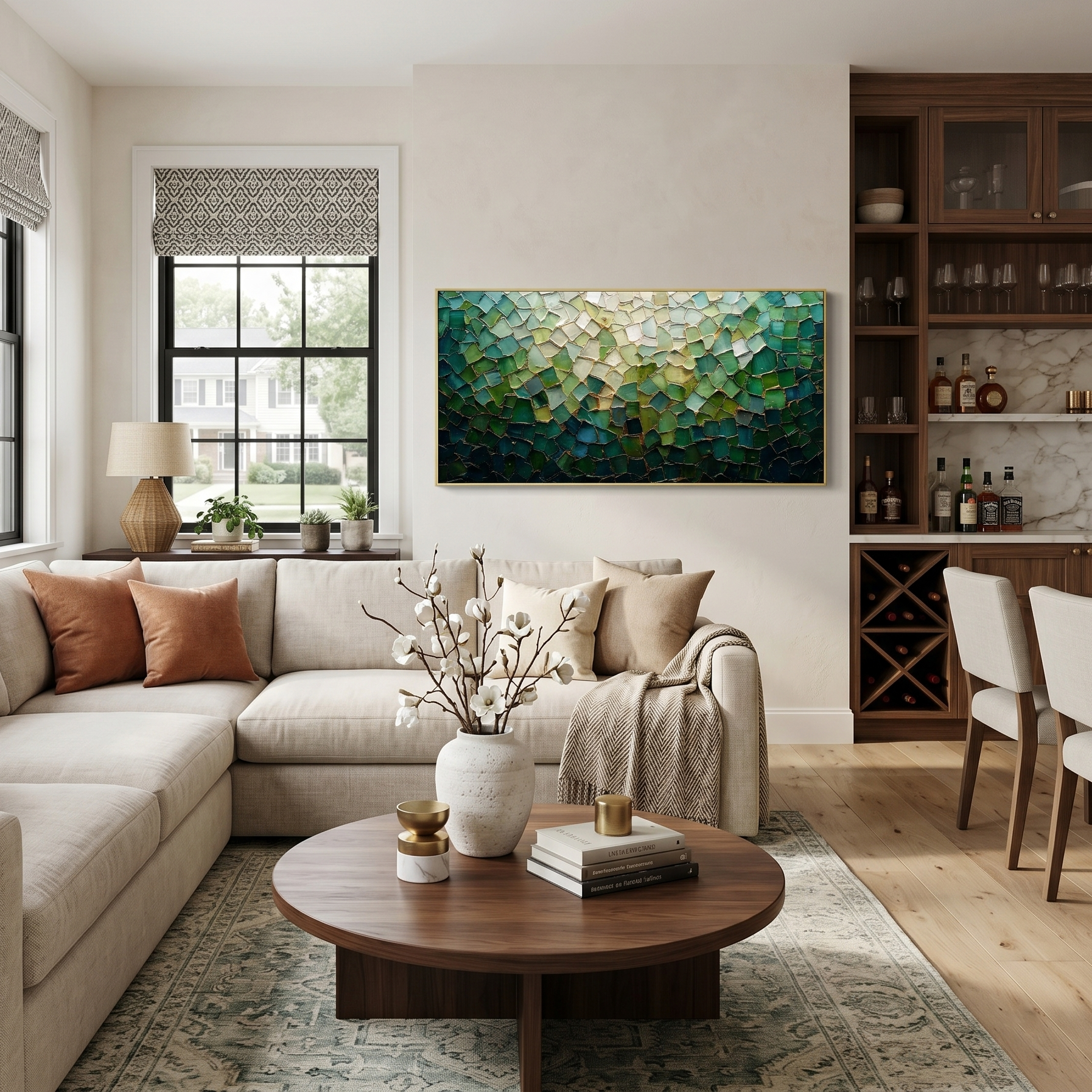 Emerald Mosaic – Modern Luxury Textured Art | Impasto Peacock Green Abstract Living Room Art
