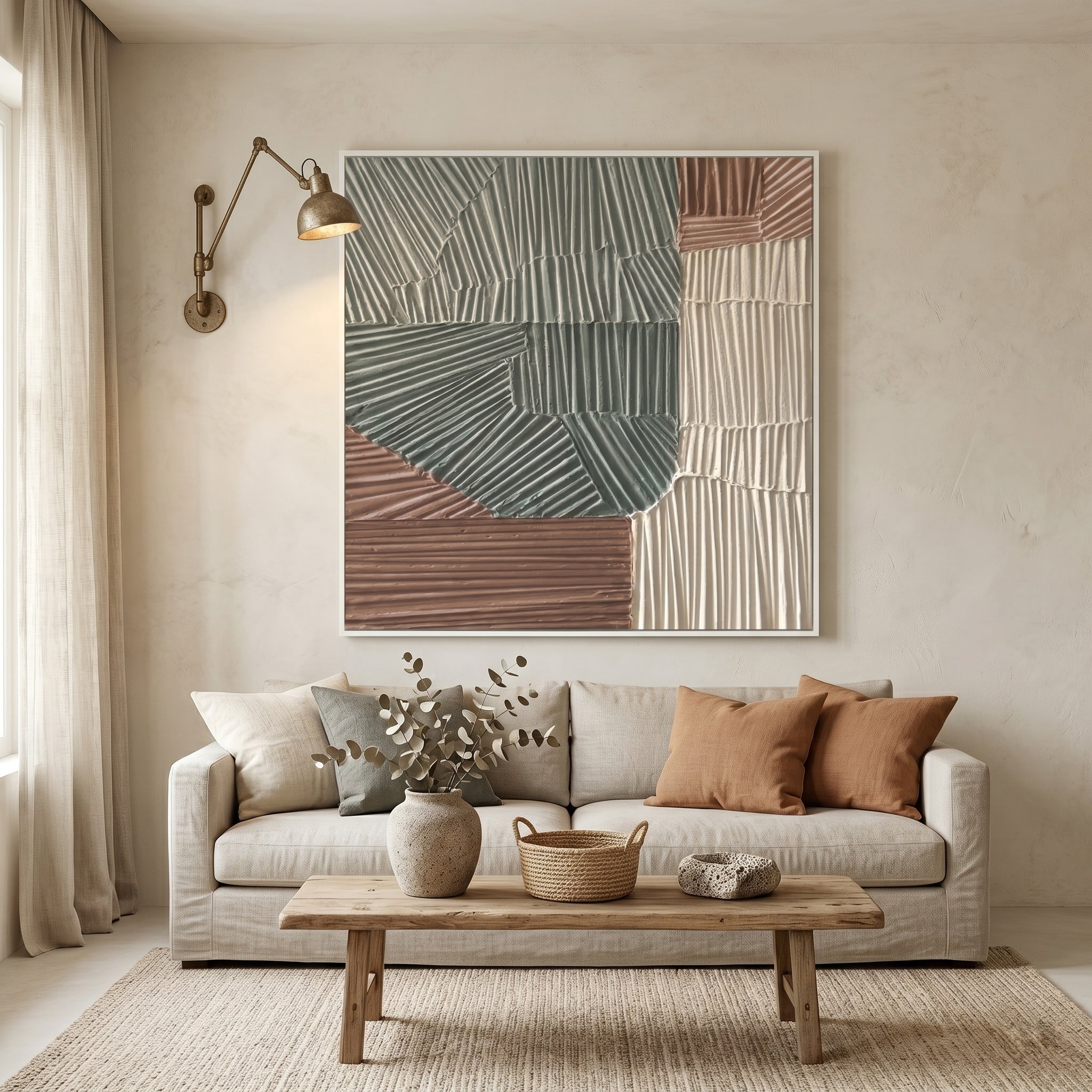 Zen Pathways – Wabi-Sabi Earth Tone Plaster Line Texture Canvas | Minimalist Living Room Art