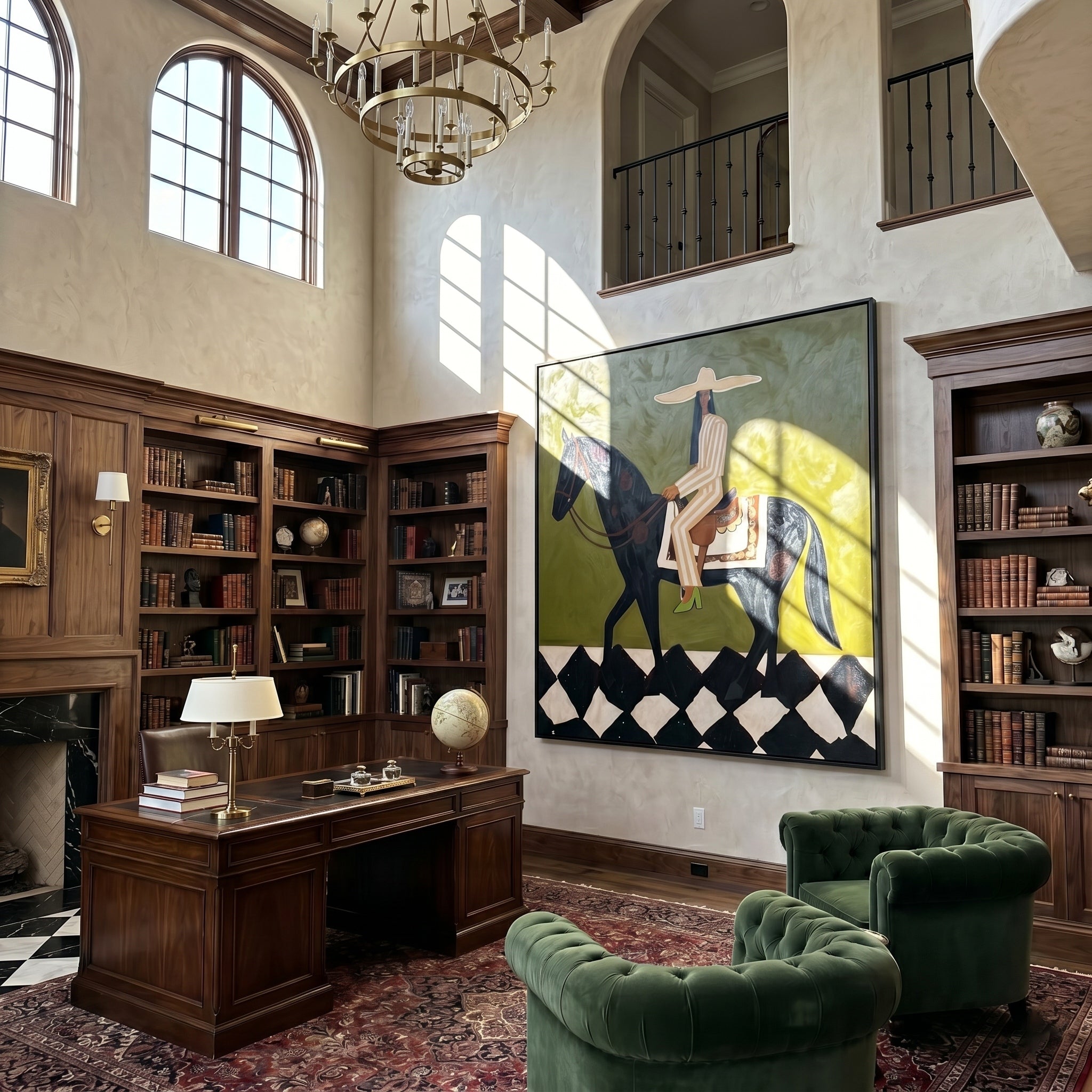 The Emerald Promenade – Modern Olive Green Black Horse Painting | Chic Checkerboard Square Hallway Art
