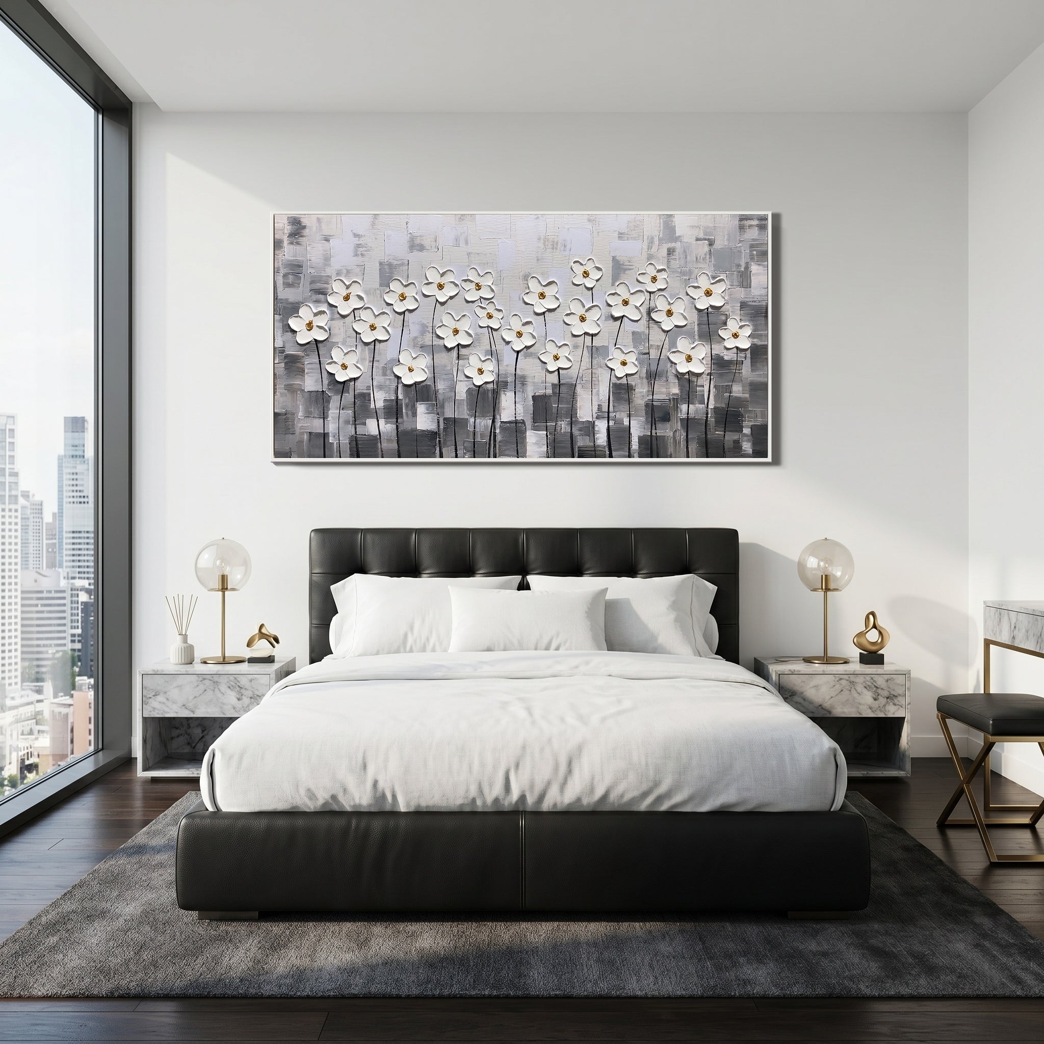 Silent Bloom – Modern Minimalist Gray and White Impasto Floral Canvas | Luxury Living Room Wall Art
