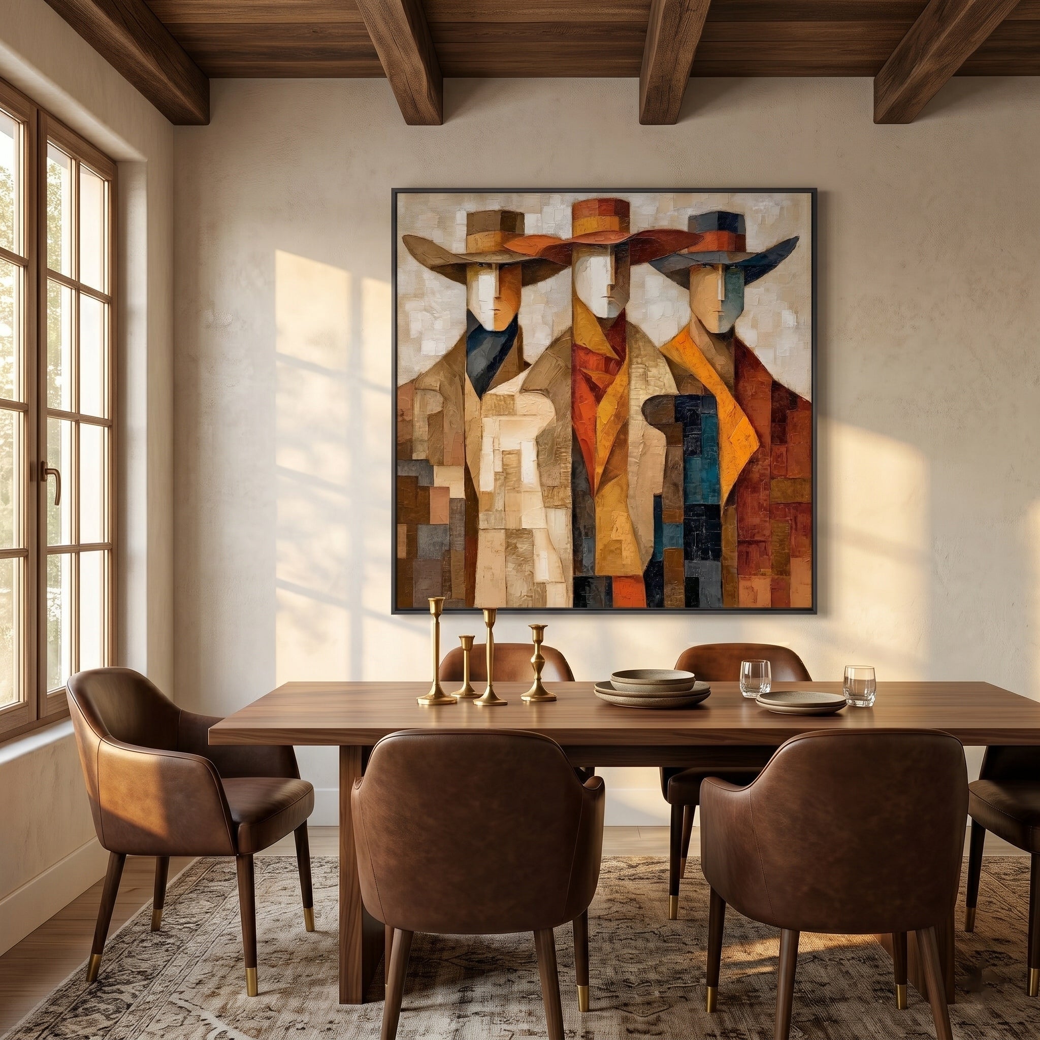 Echoes of the Wild – Modern Cubist Western Figures Oil Painting | Retro Earth Tone Geometric Office Decor
