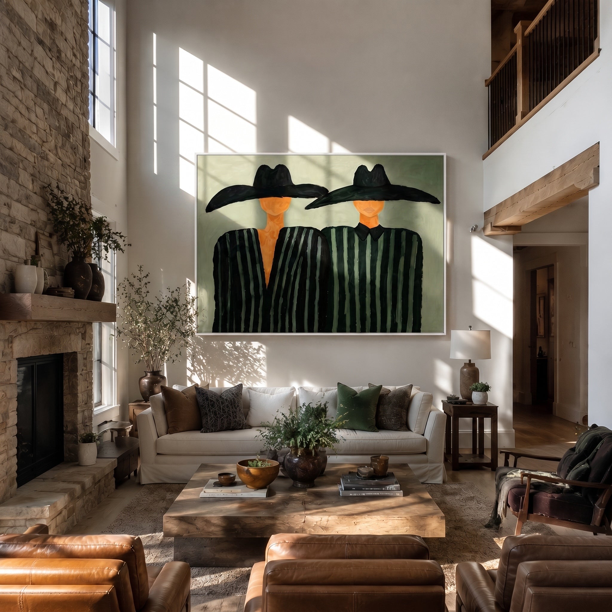 The Sage Echo – Modernist Sage Green Striped Figures Painting | Minimalist High-End Entryway Art