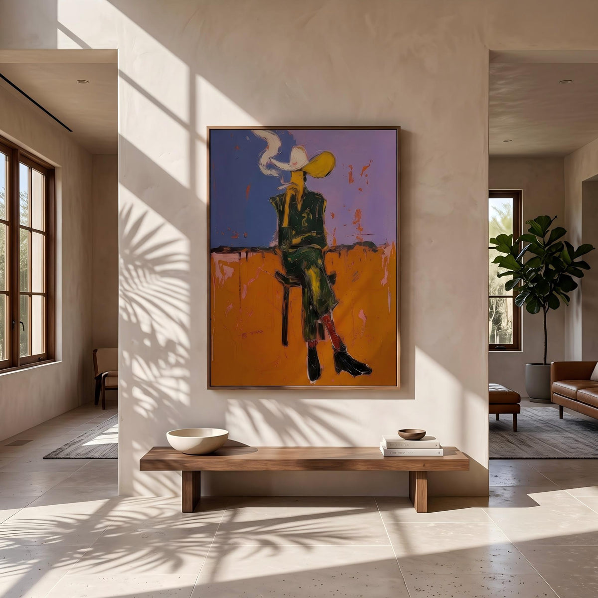 Smoke Rises Past Spurs – Pop Art Smoking Cowboy Painting | Bold Orange Vertical Wall Art