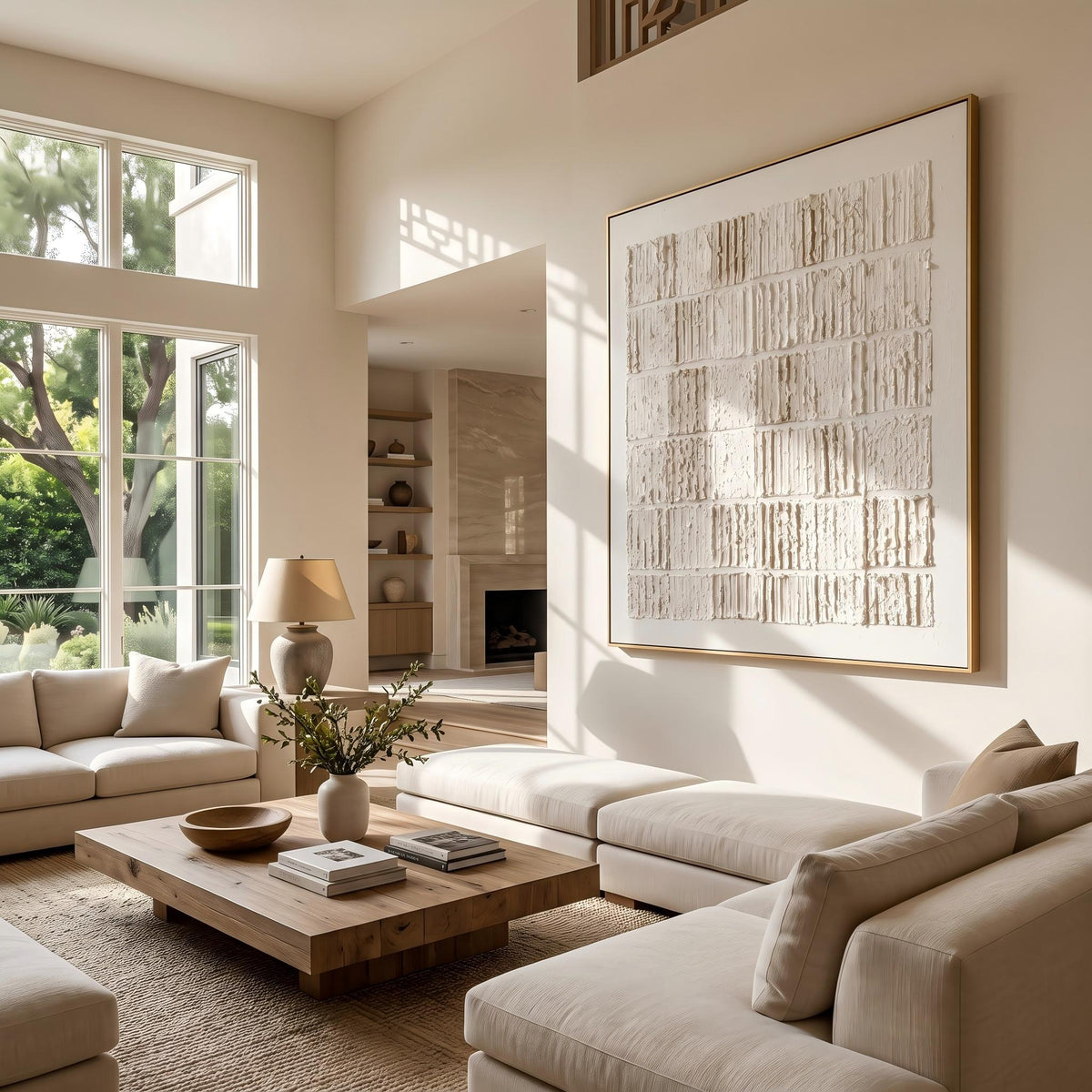 Quiet Blocks Hold Light – Cream Geometric Relief Painting | Wabi-Sabi Square Wall Art