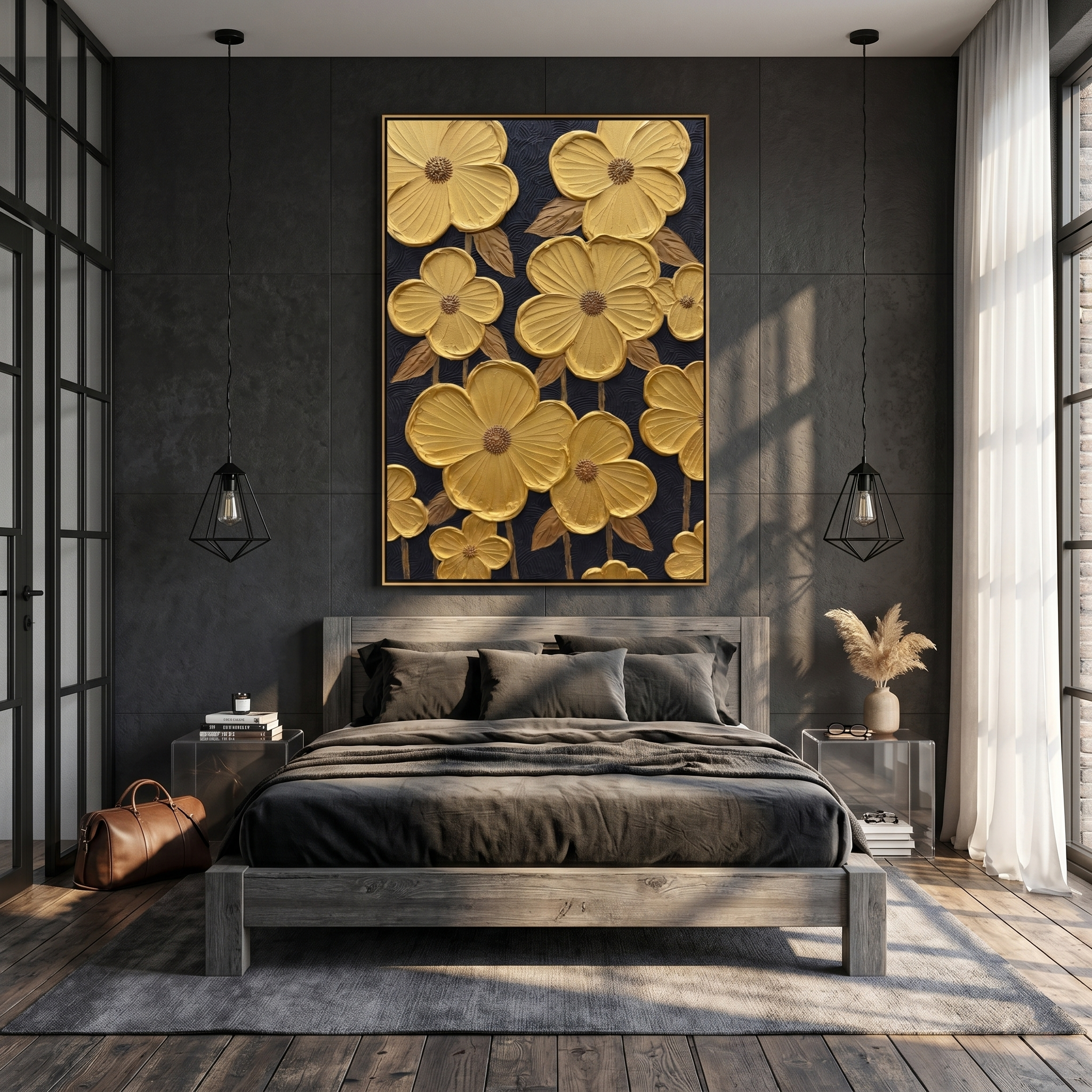 Gilded Age – Modern Luxury 3D Sculpted Gold Flowers | Black & Gold Contrast Entryway Wall Art