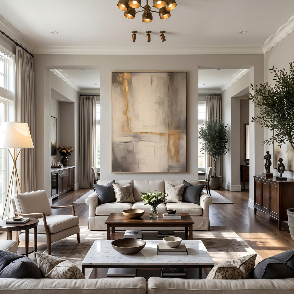 Gilded Lines Through Stone – Neutral Gold Abstract Painting | Contemporary Vertical Wall Art