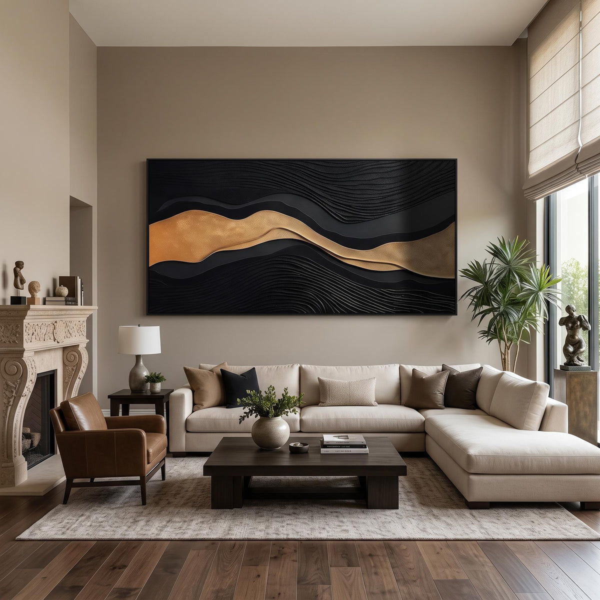 Black River of Gold – Black Gold Layered Abstract Painting | Textured Horizontal Wall Art