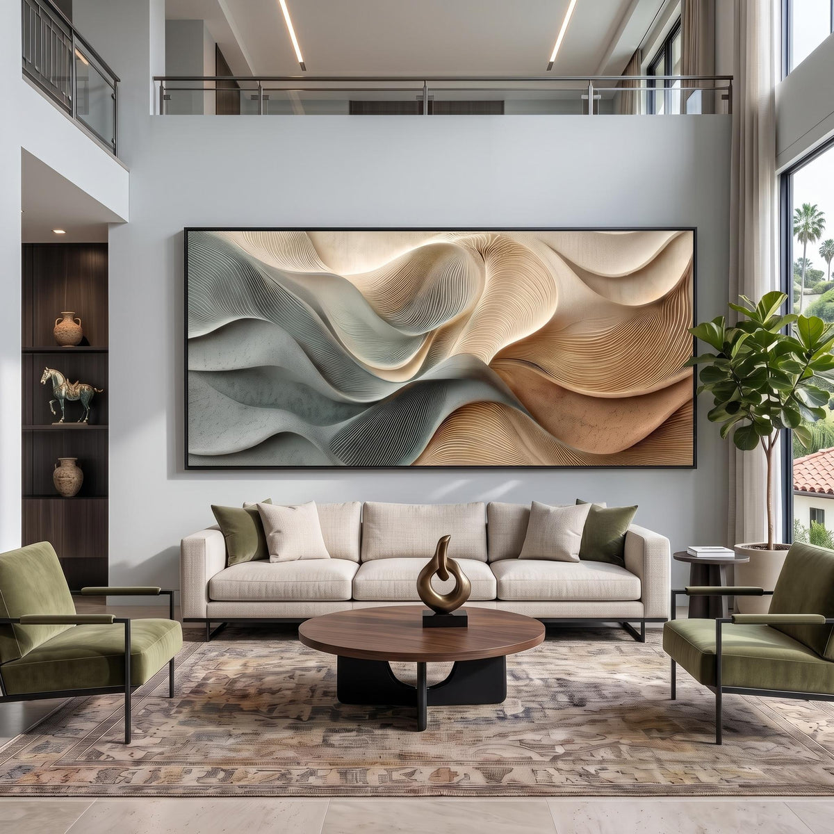 Tides Fold Into Sand – Blue Beige Sculptural Abstract Painting | Textured Horizontal Wall Art