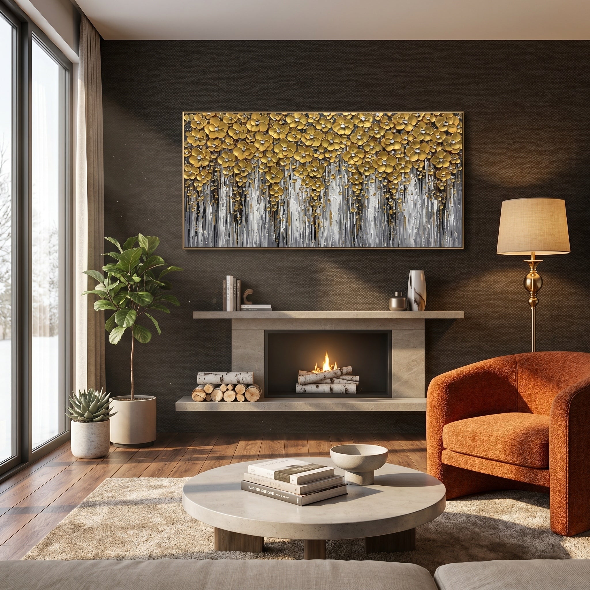 Golden Symphony – Modern 3D Relief Floral Oil Painting | Luxury Heavy Impasto Living Room Art