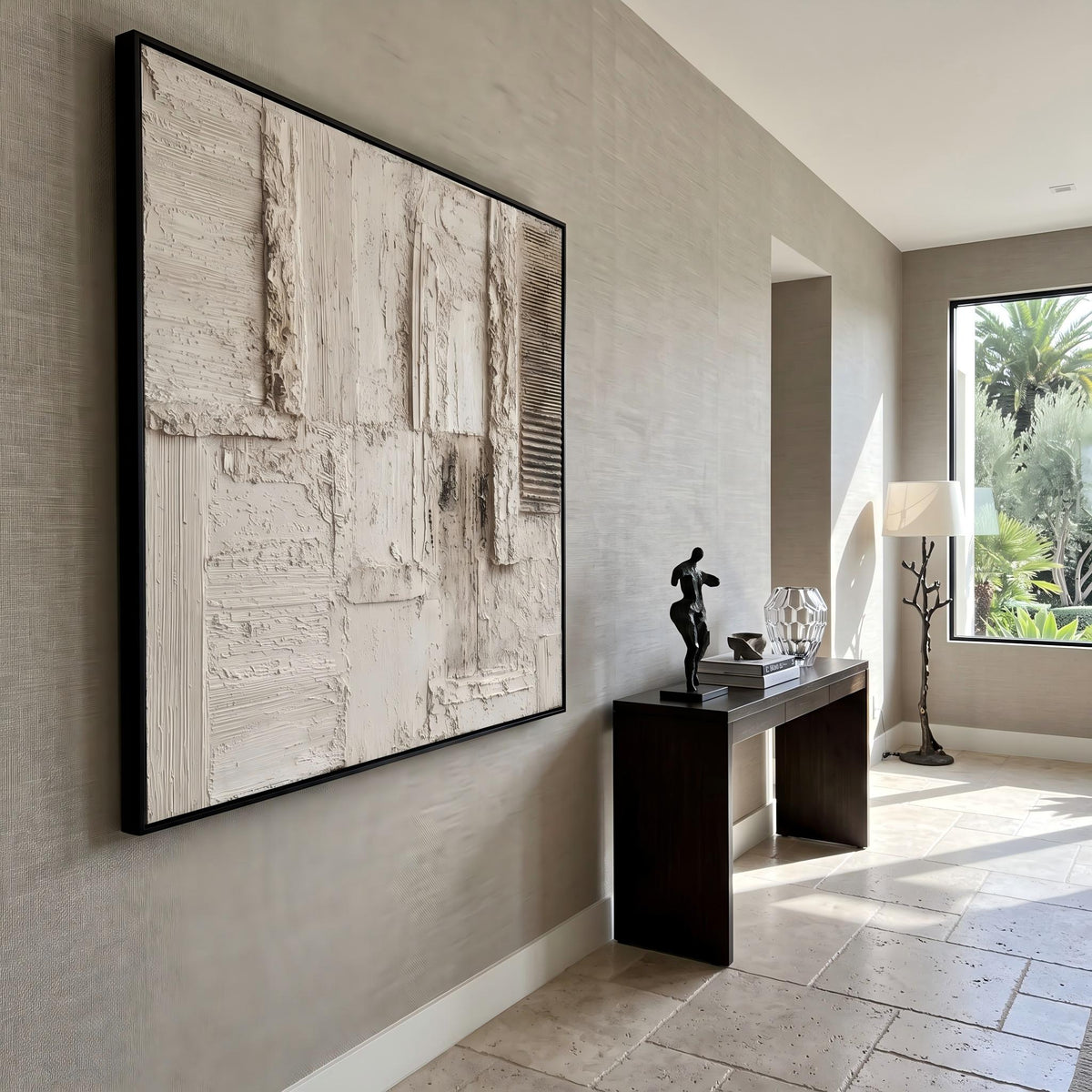 Ivory Grid in Silence – White Beige Geometric Painting | Textured Square Wall Art