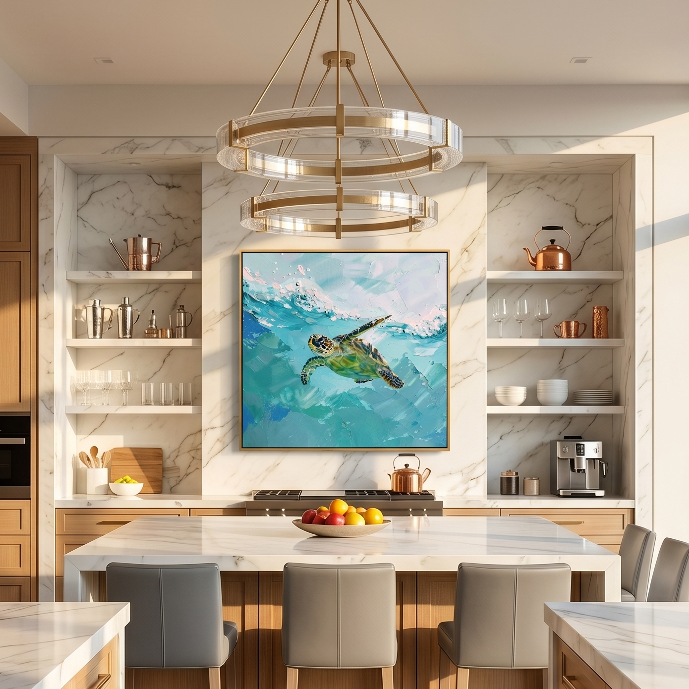 Azure Voyager – Modern 3D Heavy Impasto Sea Turtle Oil Painting | Ocean Themed Textured Hallway Decor