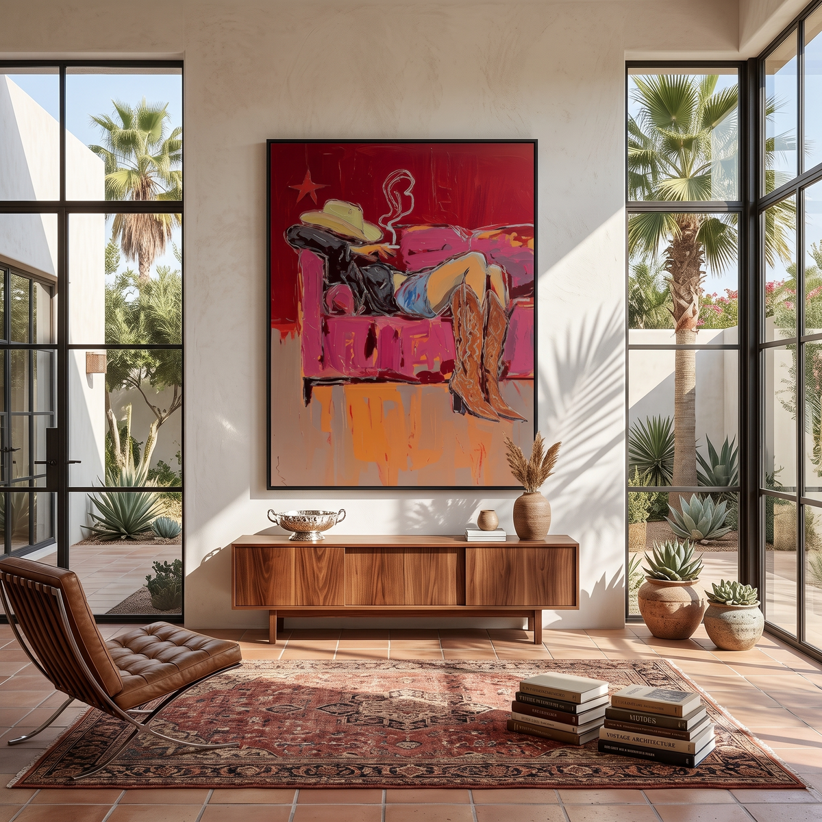 Couch Boots After Sundown – Pop Art Reclining Cowgirl Painting | Red Vertical Wall Art