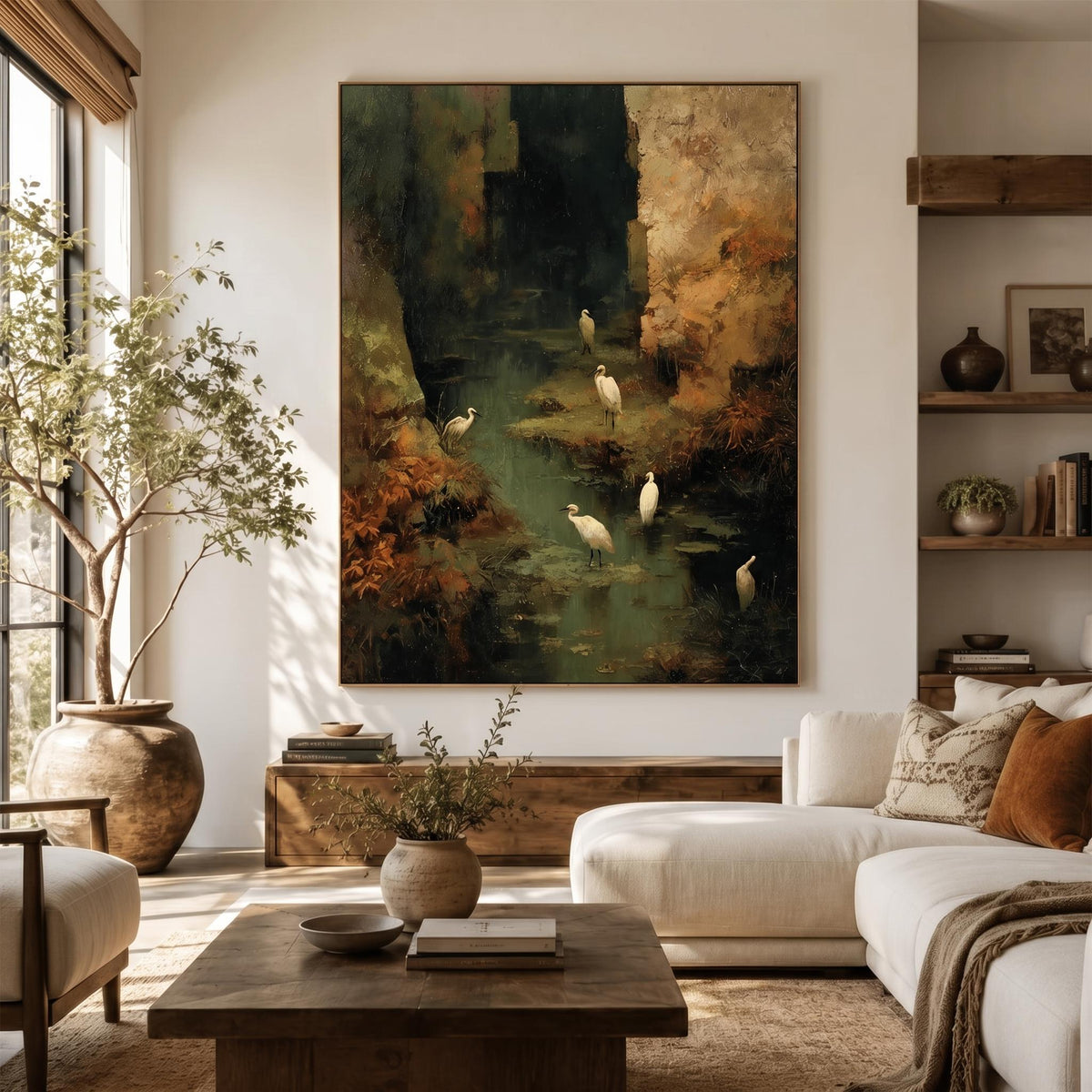 Egrets Through Emerald Marsh – Green Wetland Bird Painting | Impressionist Vertical Wall Art