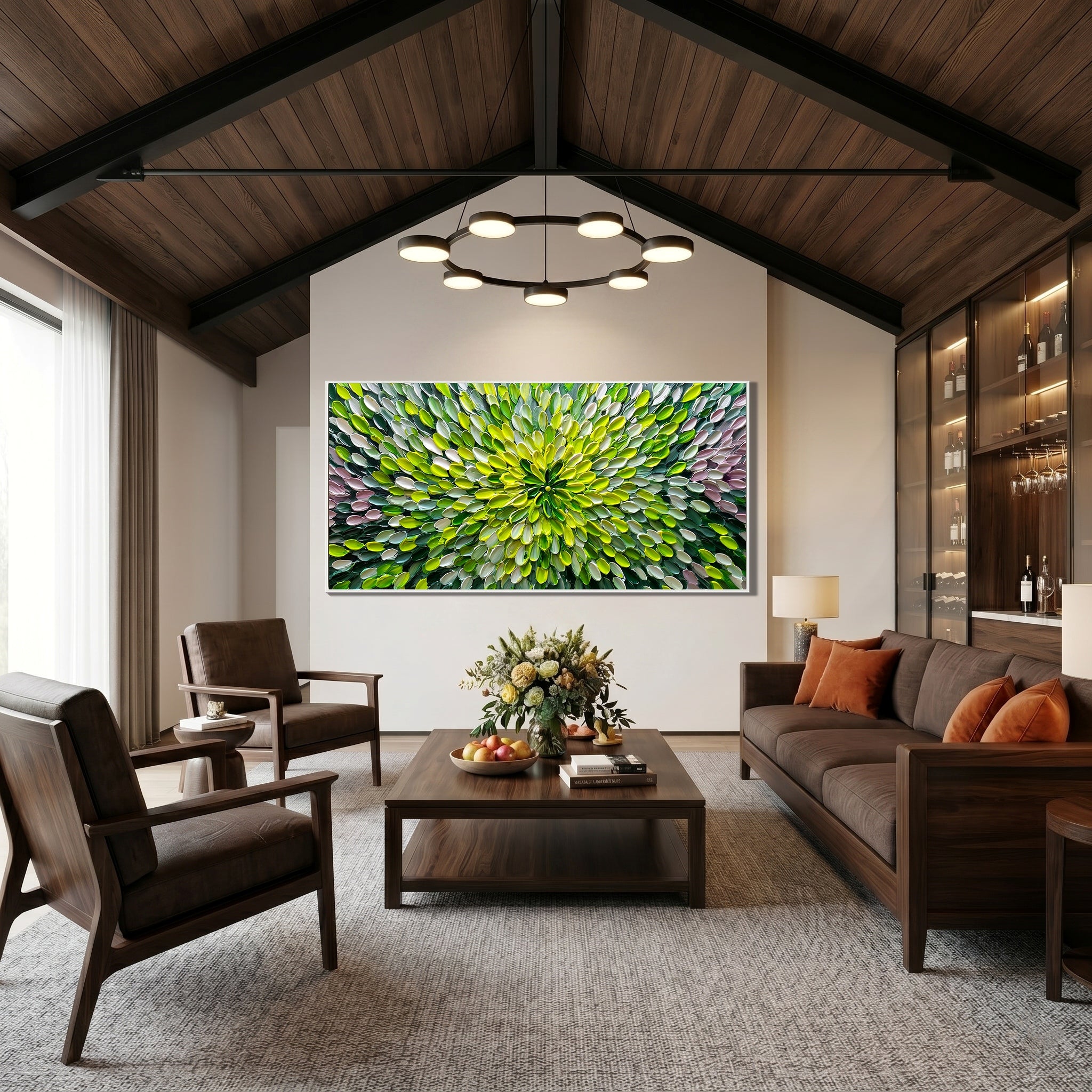 Eternal Bloom – Modern Impasto Abstract Floral Oil Painting | Textured Green Radiance Living Room Art