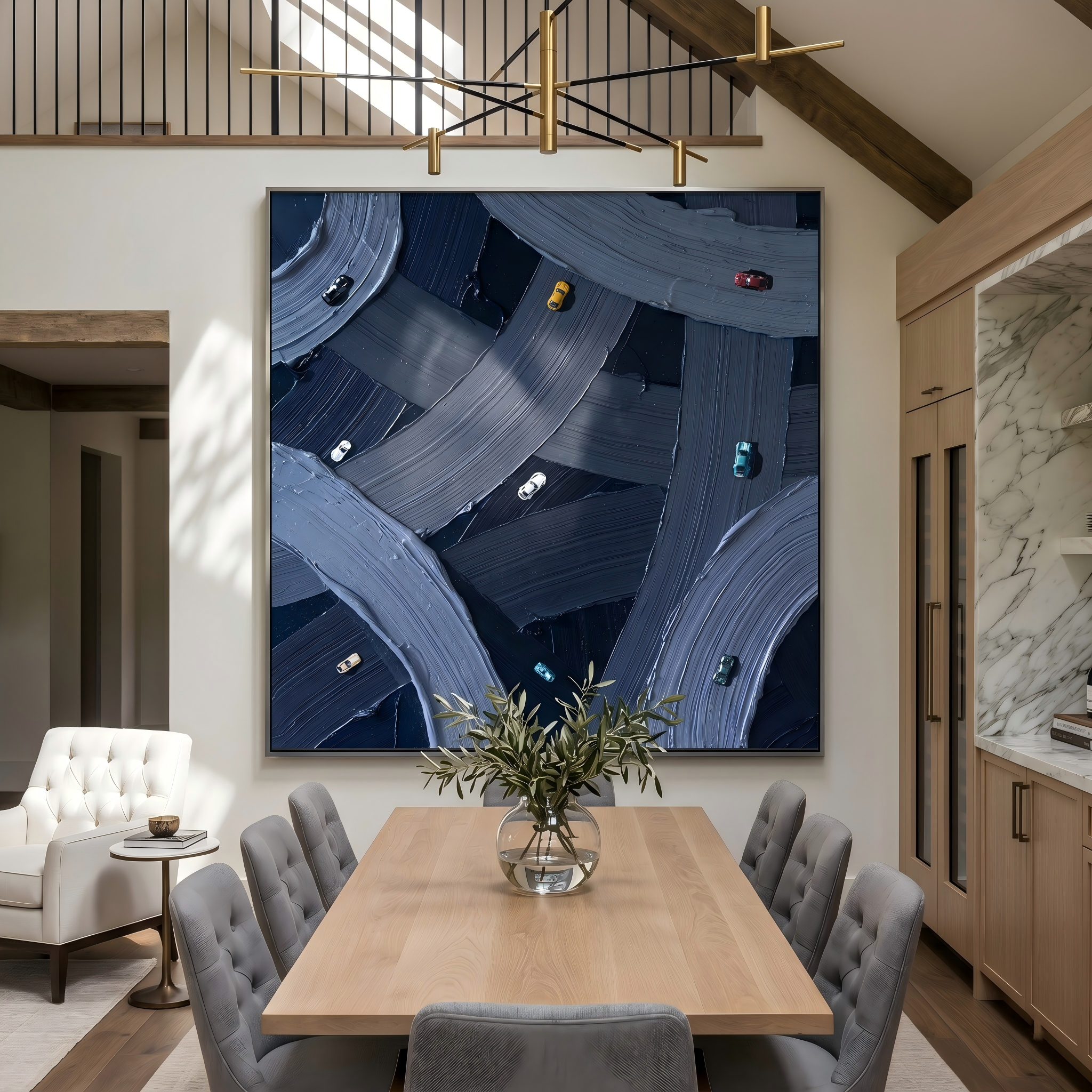 Urban Pulse – Impasto Highway Miniature Car Abstract Canvas | Modern Industrial Office Wall Art