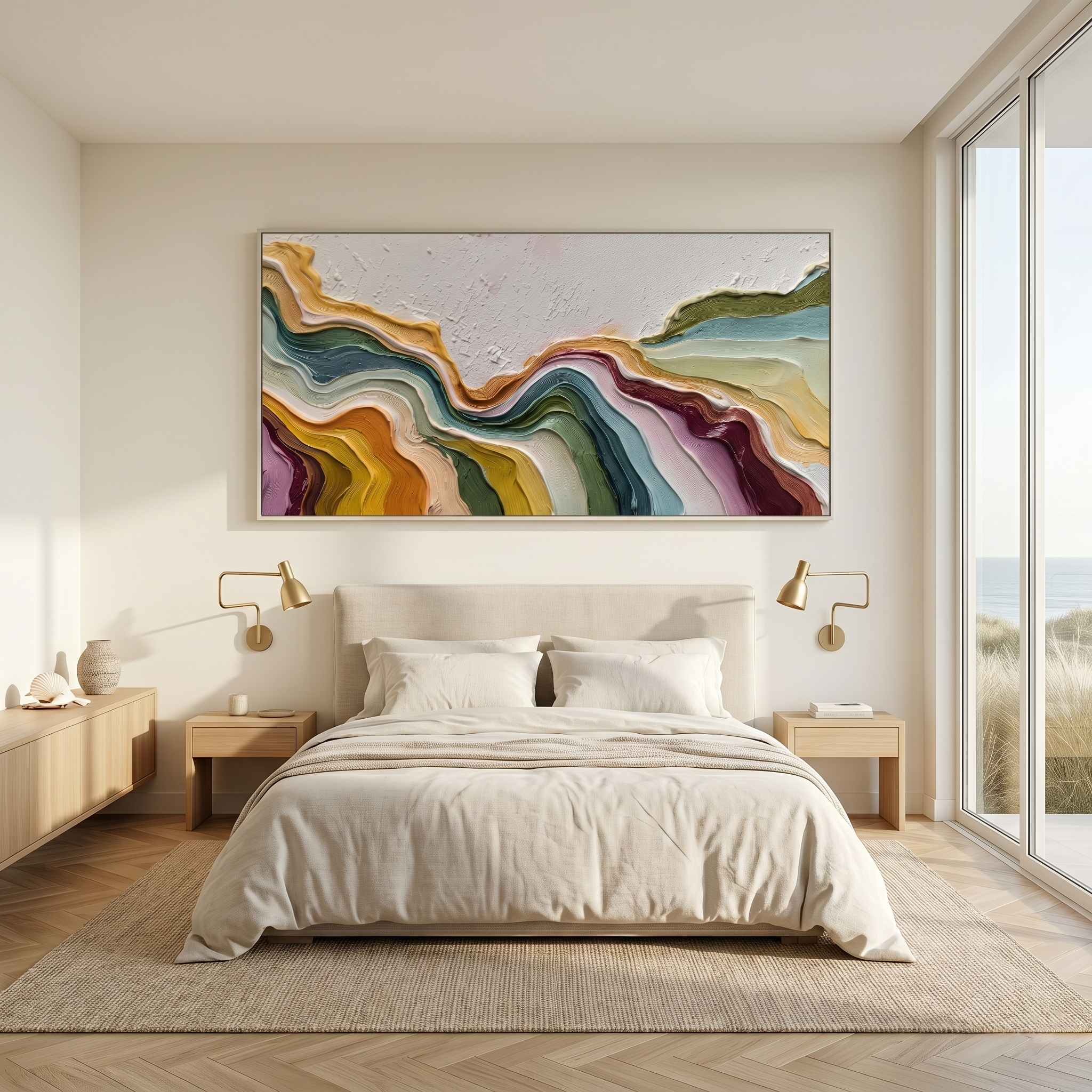 Flowing Rhythms – Heavy Texture Colorful Fluid Abstract Painting | Minimalist Horizontal Entryway Art