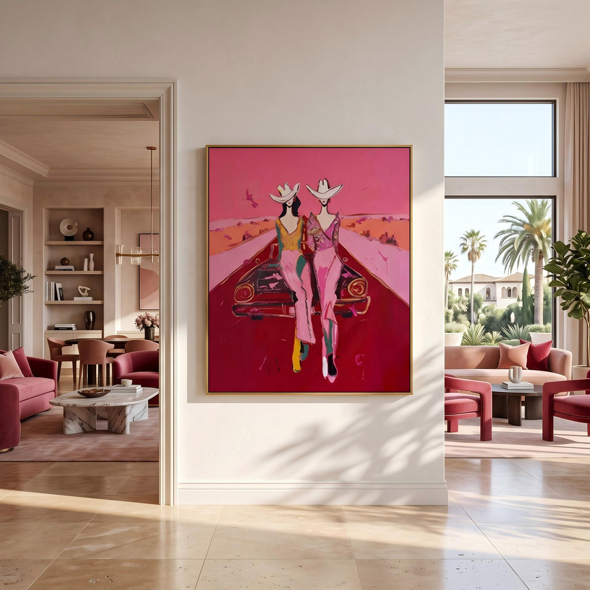 Cowgirls Meet the Horizon – Pop Art Western Friends Painting | Bold Pink Vertical Wall Art