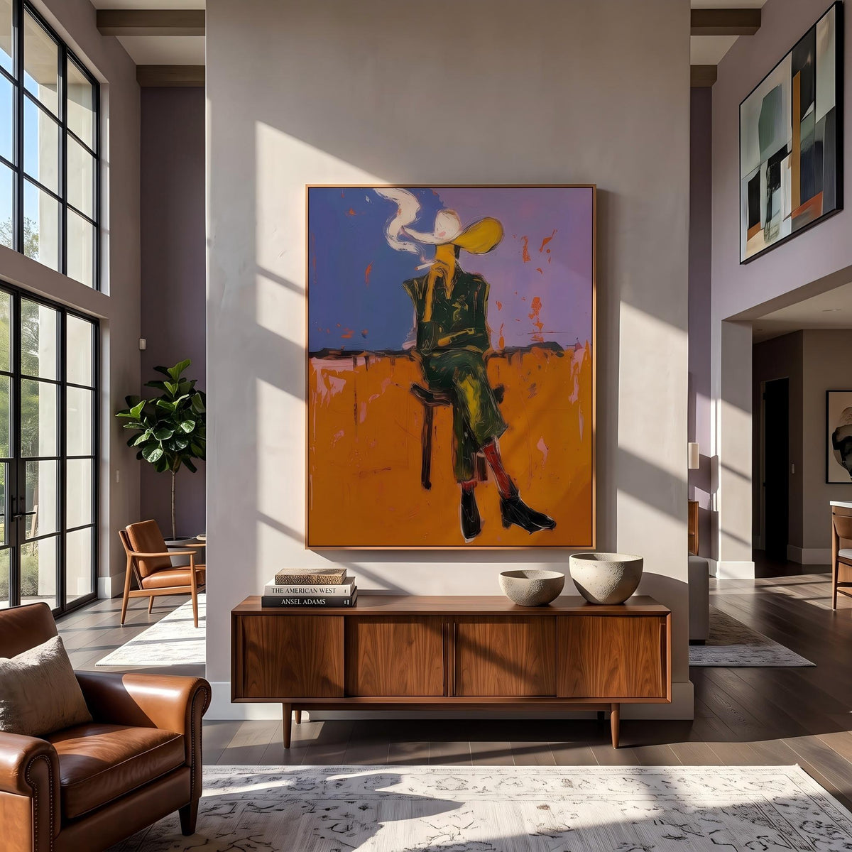 Smoke Rises Past Spurs – Pop Art Smoking Cowboy Painting | Bold Orange Vertical Wall Art