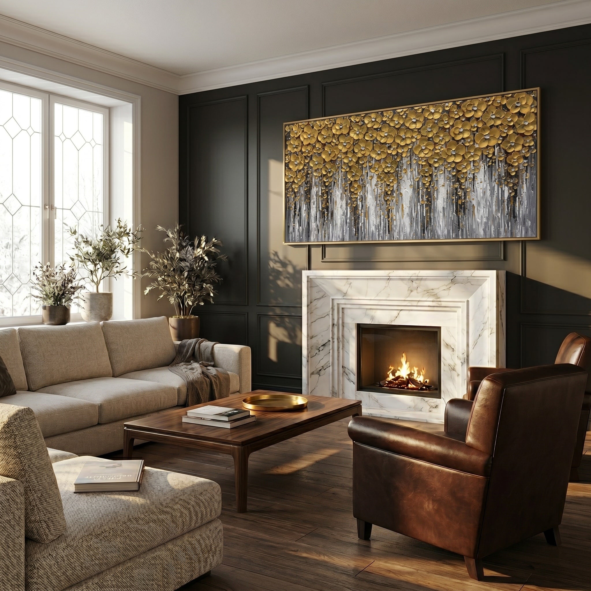Golden Symphony – Modern 3D Relief Floral Oil Painting | Luxury Heavy Impasto Living Room Art