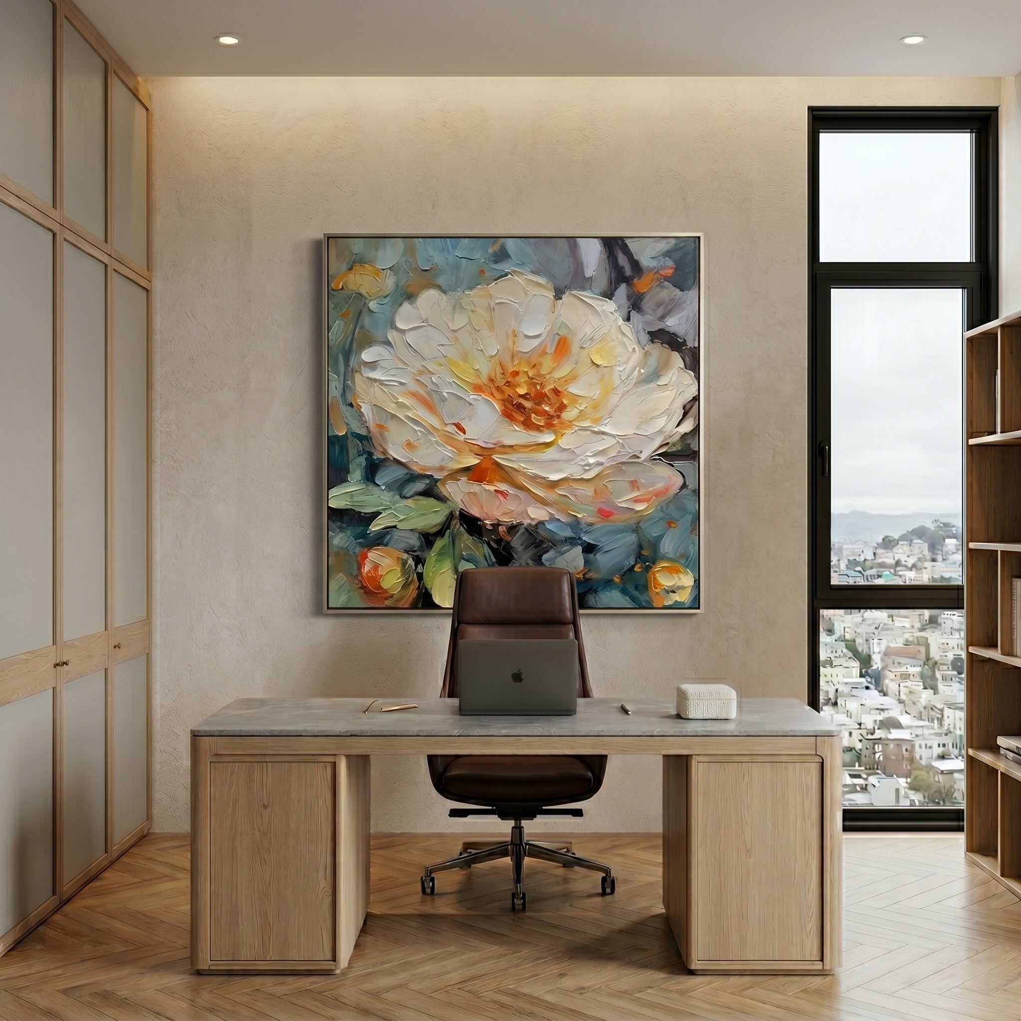 Midnight Bloom – Modern Impasto Slate Blue and White Peony Canvas | Retro-Elegant Bedroom Wall Decor