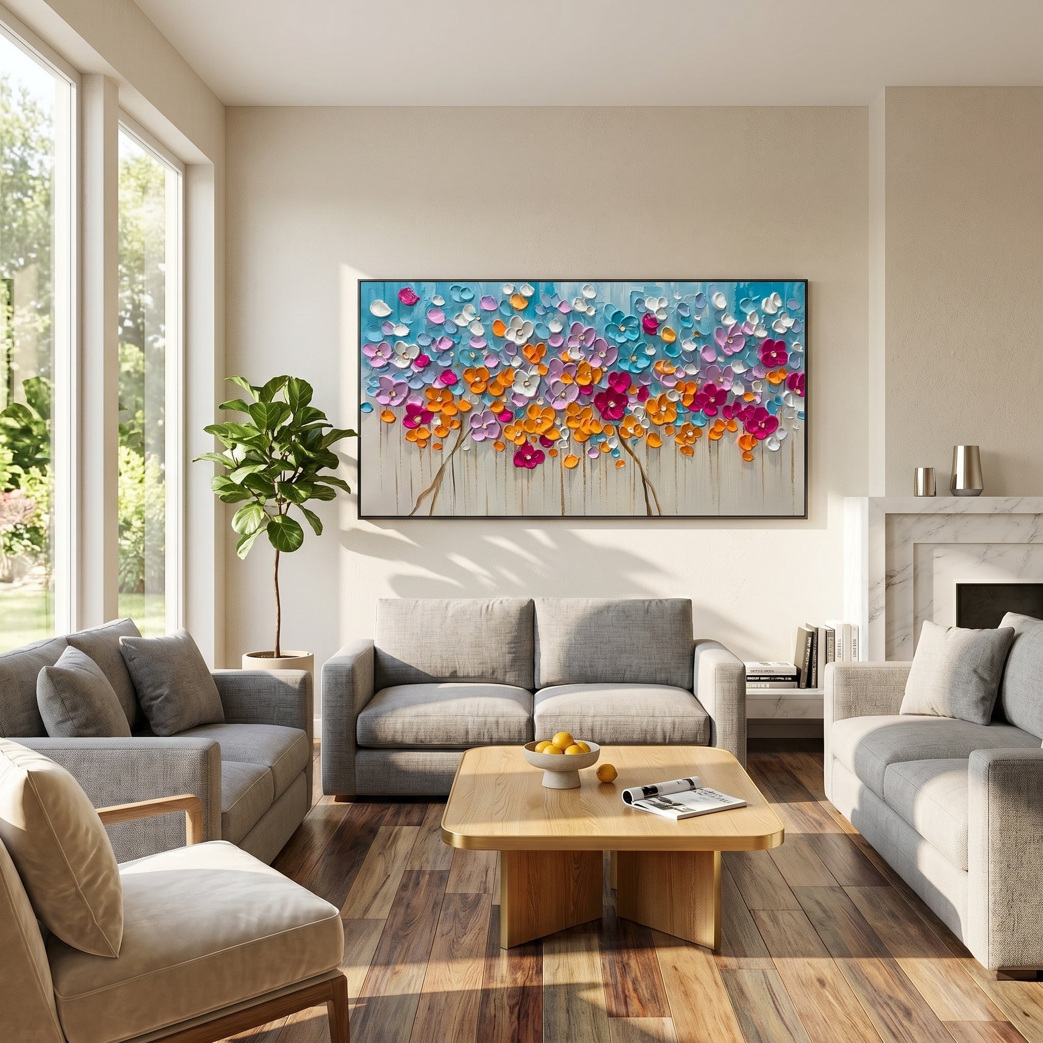 Blossom Symphony – Modern Heavy Impasto Floral Oil Painting | Textured Prosperity Tree Living Room Art