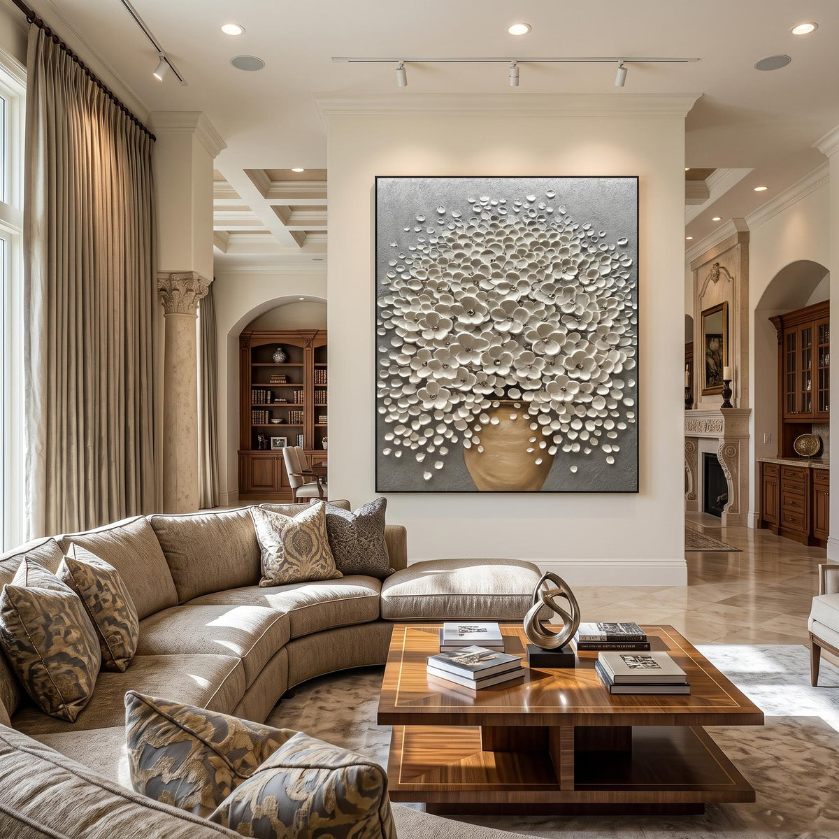 Pearl Canopy Rising – White Blossom Tree Painting | Textured Vertical Wall Art