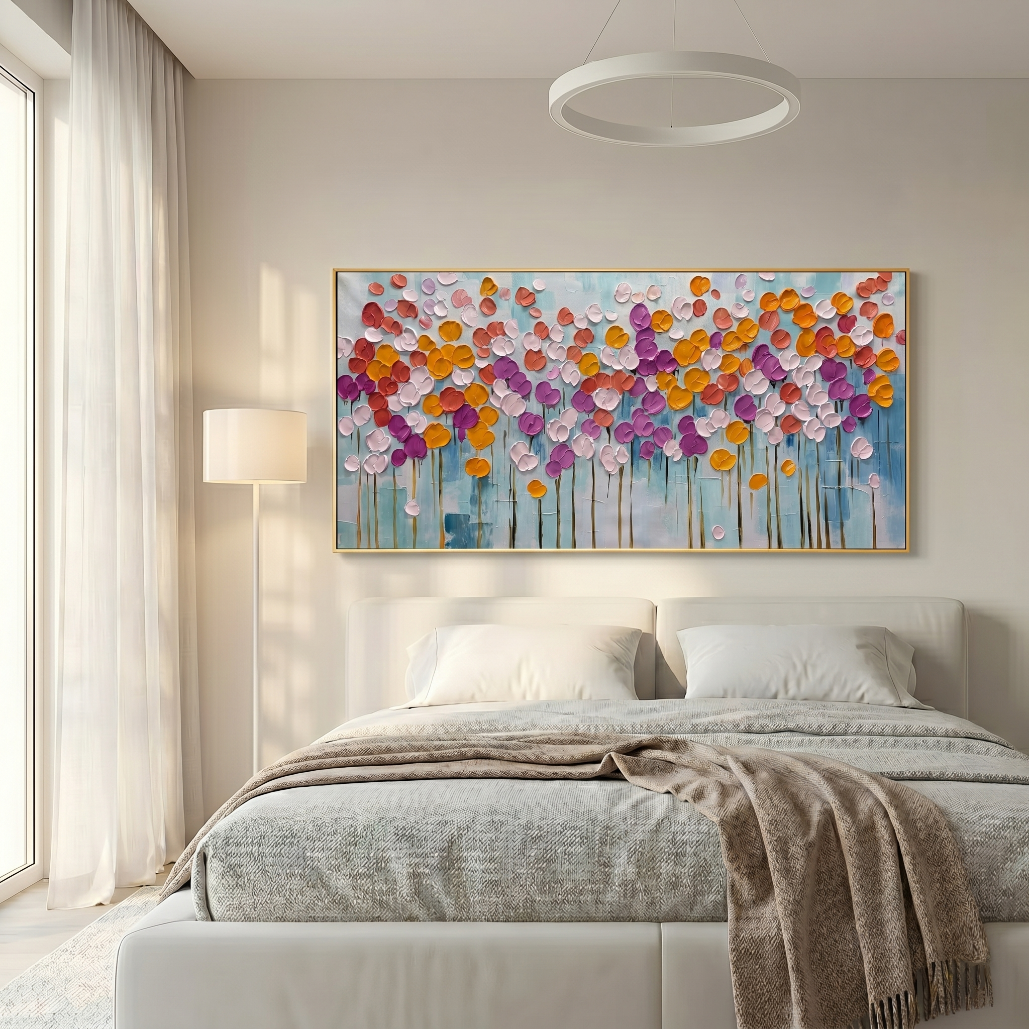 Vibrant Bloom – Modern Heavy Impasto Multicolored Abstract | Healing Living Room Horizontal Wall Art