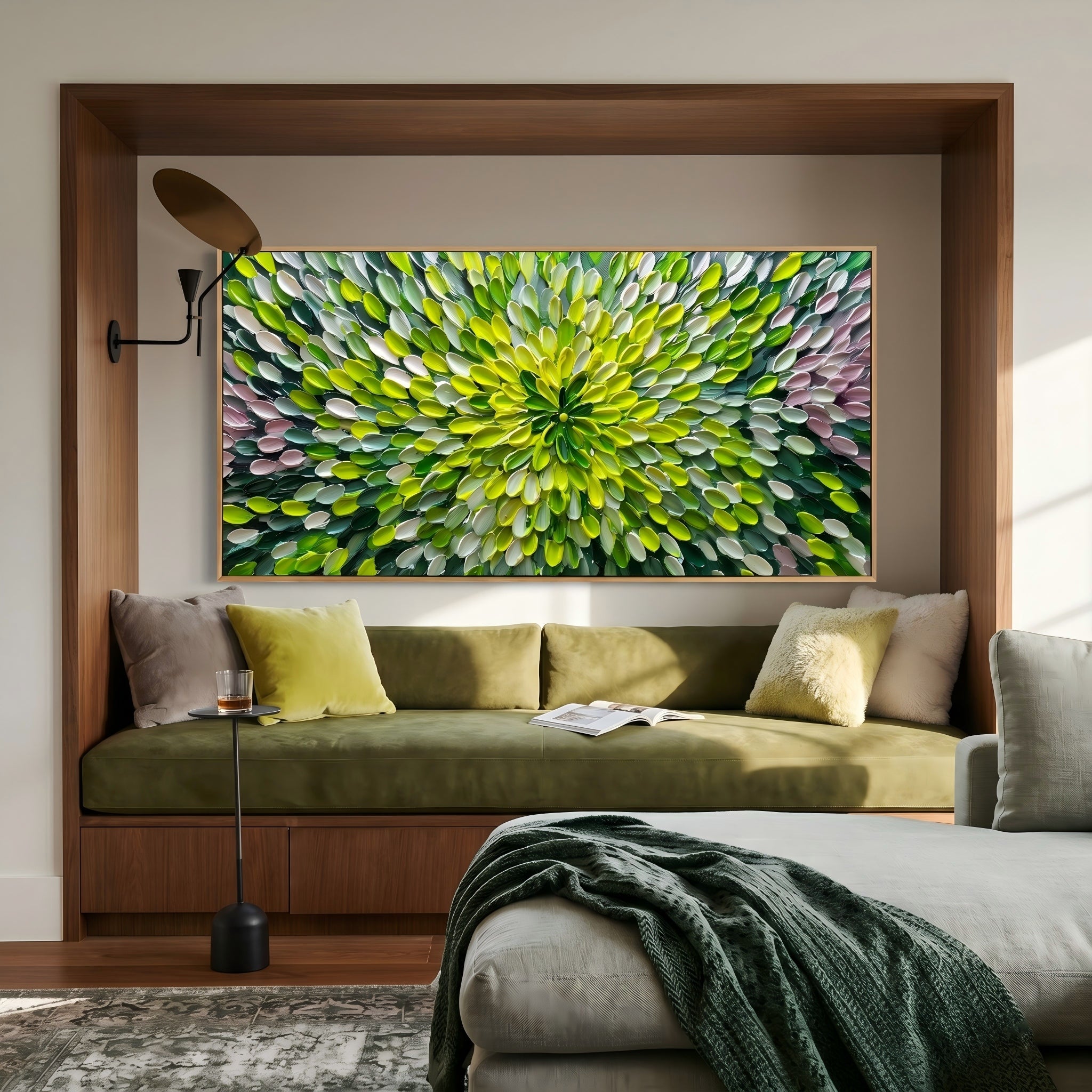 Eternal Bloom – Modern Impasto Abstract Floral Oil Painting | Textured Green Radiance Living Room Art