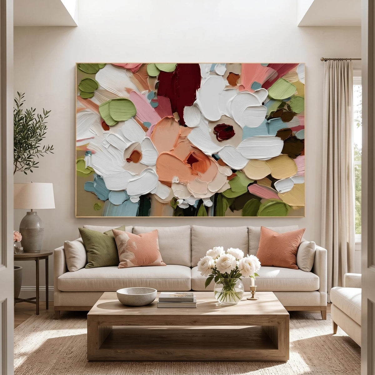 Petals Across Morning Light – Colorful Floral Painting | Textured Horizontal Living Room Wall Art