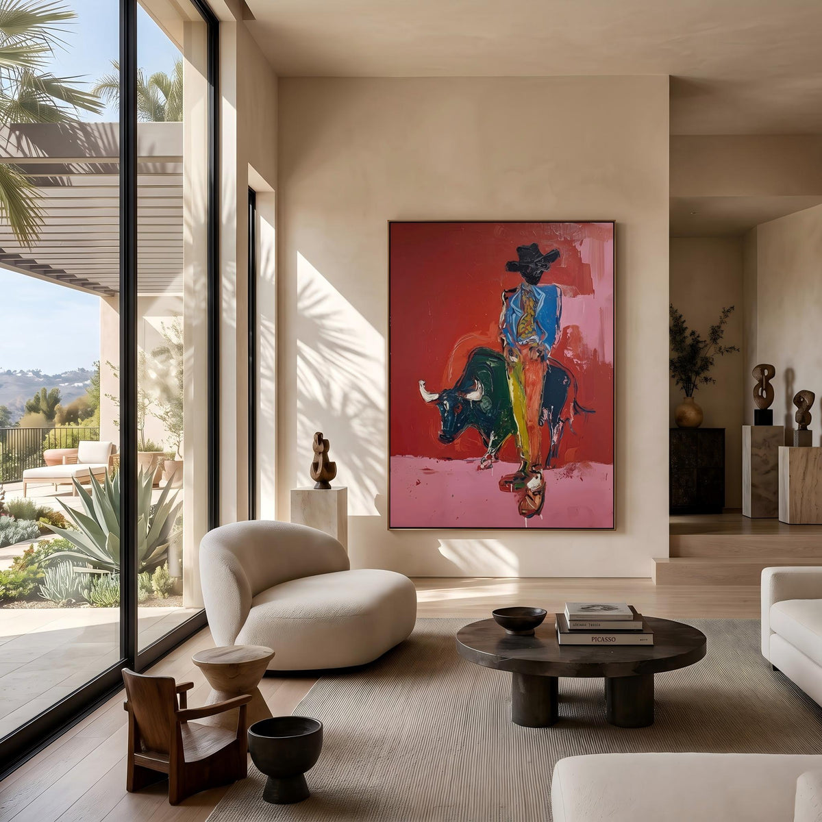Blue Rider Meets Bull – Pop Art Bull Rider Painting | Bold Pink Vertical Wall Art