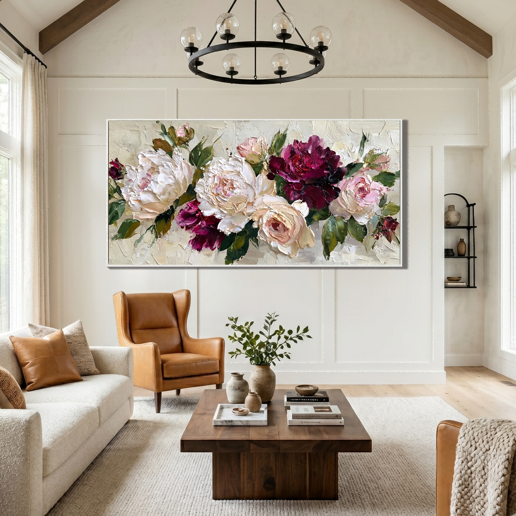 Velvet Kiss – Modern Impasto Burgundy and Cream Peony Canvas | Luxury Romantic Living Room Art