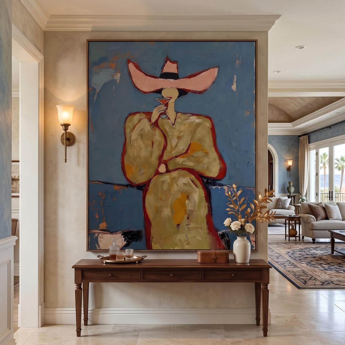 Midnight Hat Rides Tall – Pop Art Western Woman Painting | Blue Vertical Wall Art
