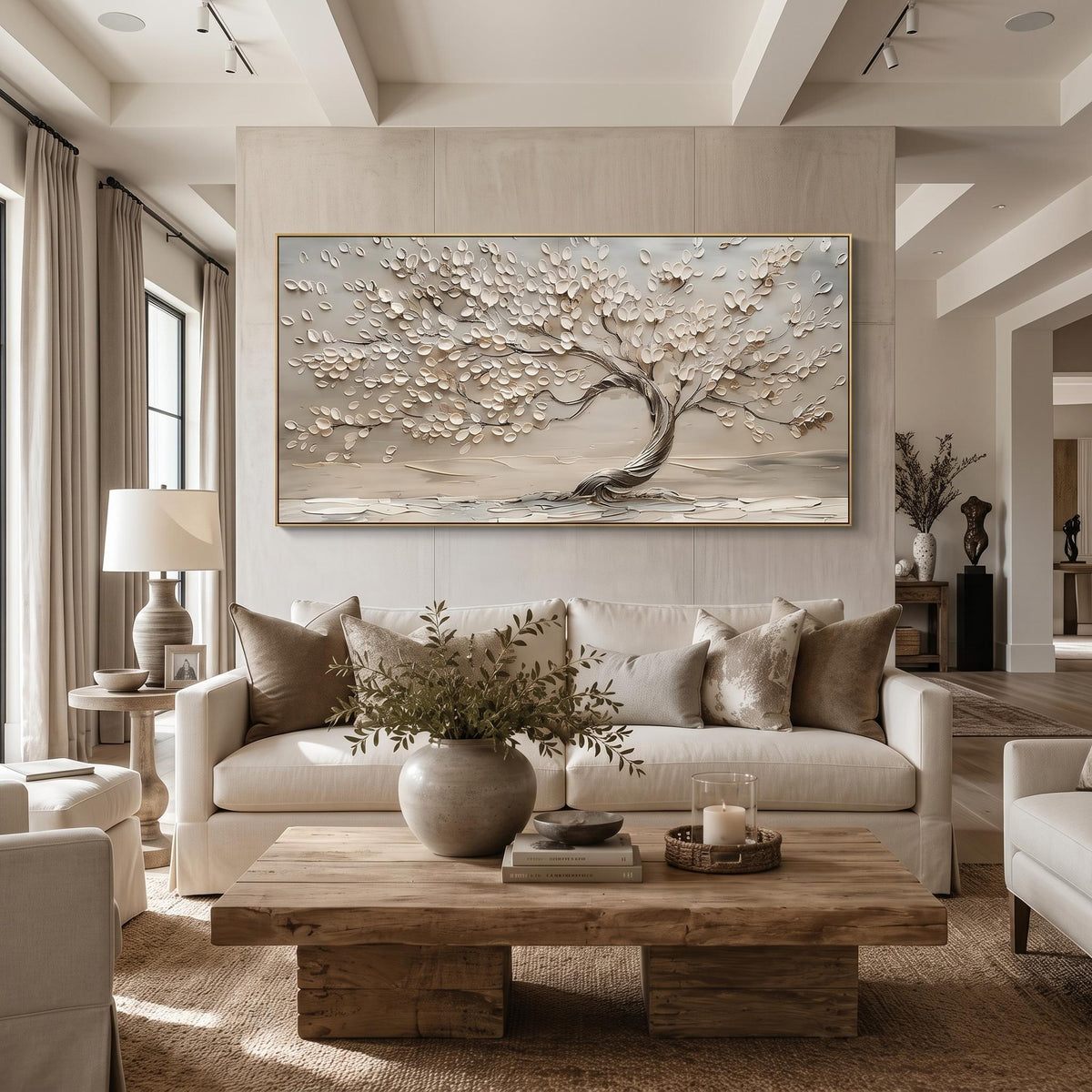 Blossoms Along Silver Branches – White Flower Tree Painting | Textured Horizontal Wall Art