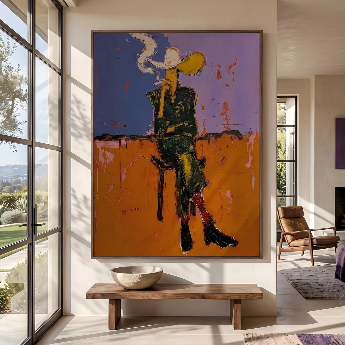 Smoke Rises Past Spurs – Pop Art Smoking Cowboy Painting | Bold Orange Vertical Wall Art