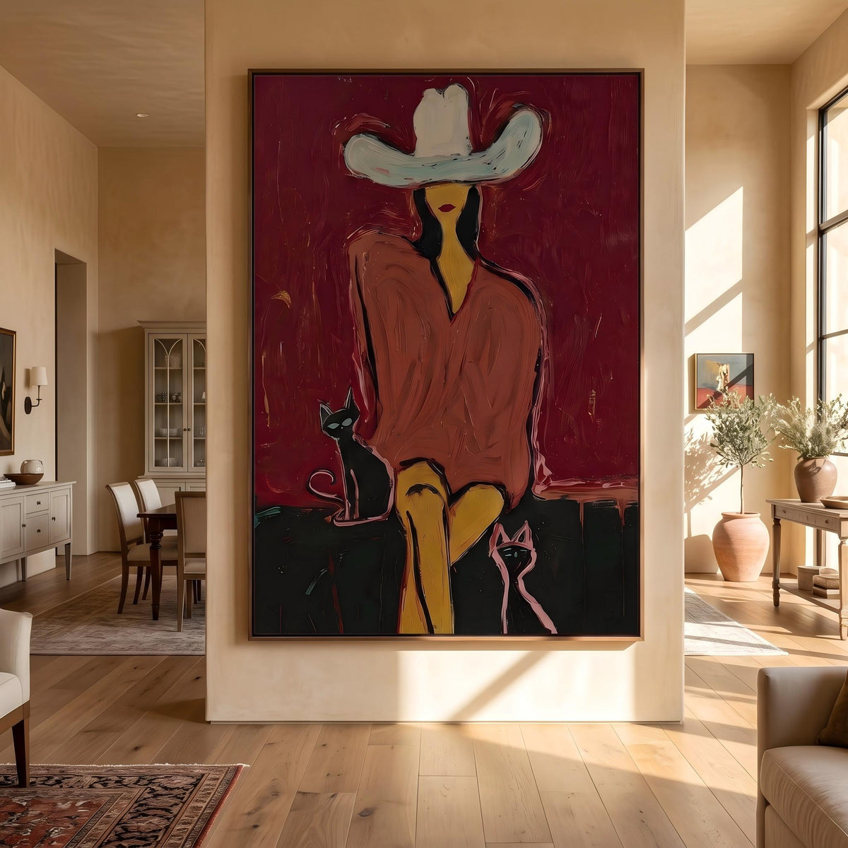 White Hat With Companions – Pop Art Cowboy and Pets Painting | Bold Red Vertical Wall Art