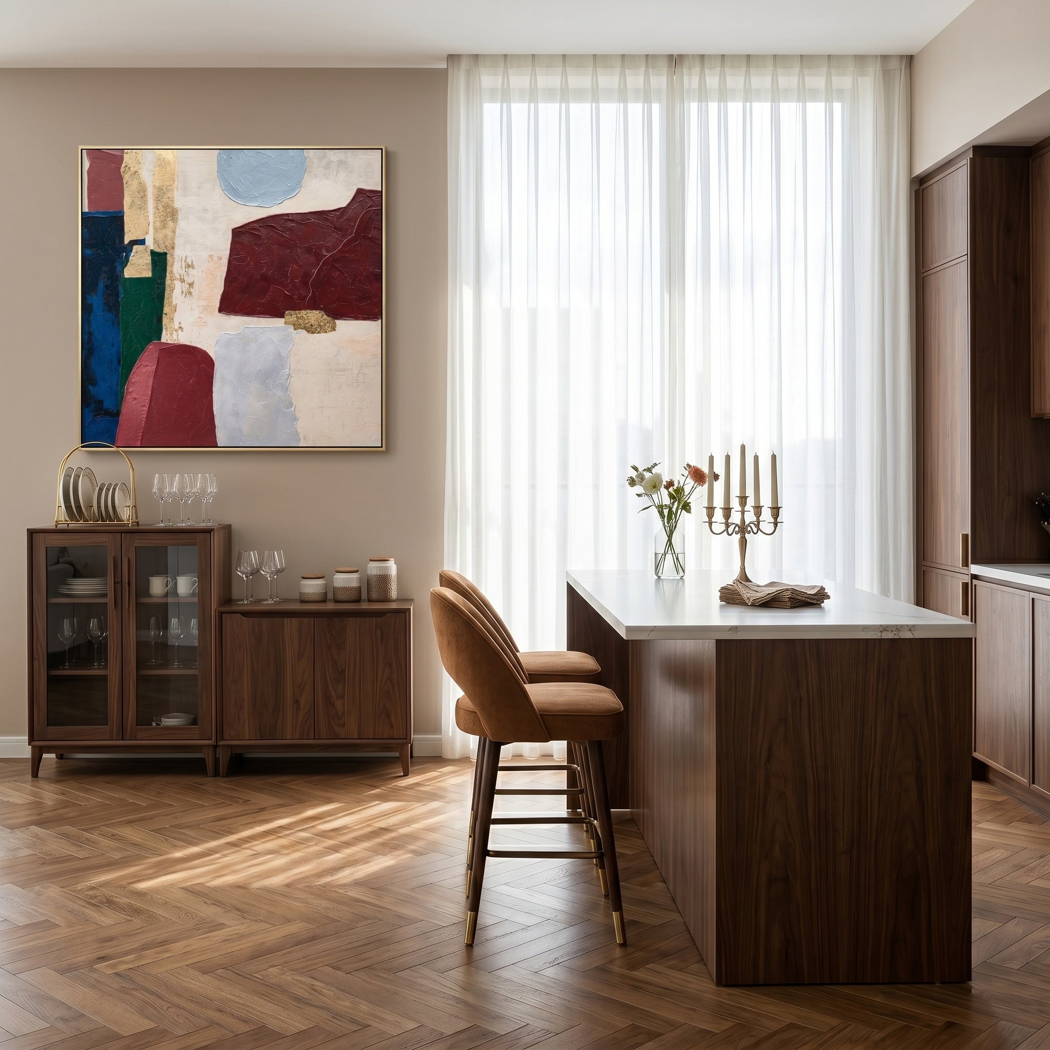 Gilded Epoch – Mid-Century Geometric Plaster Gold Foil Canvas | Luxury Living Room and Office Art